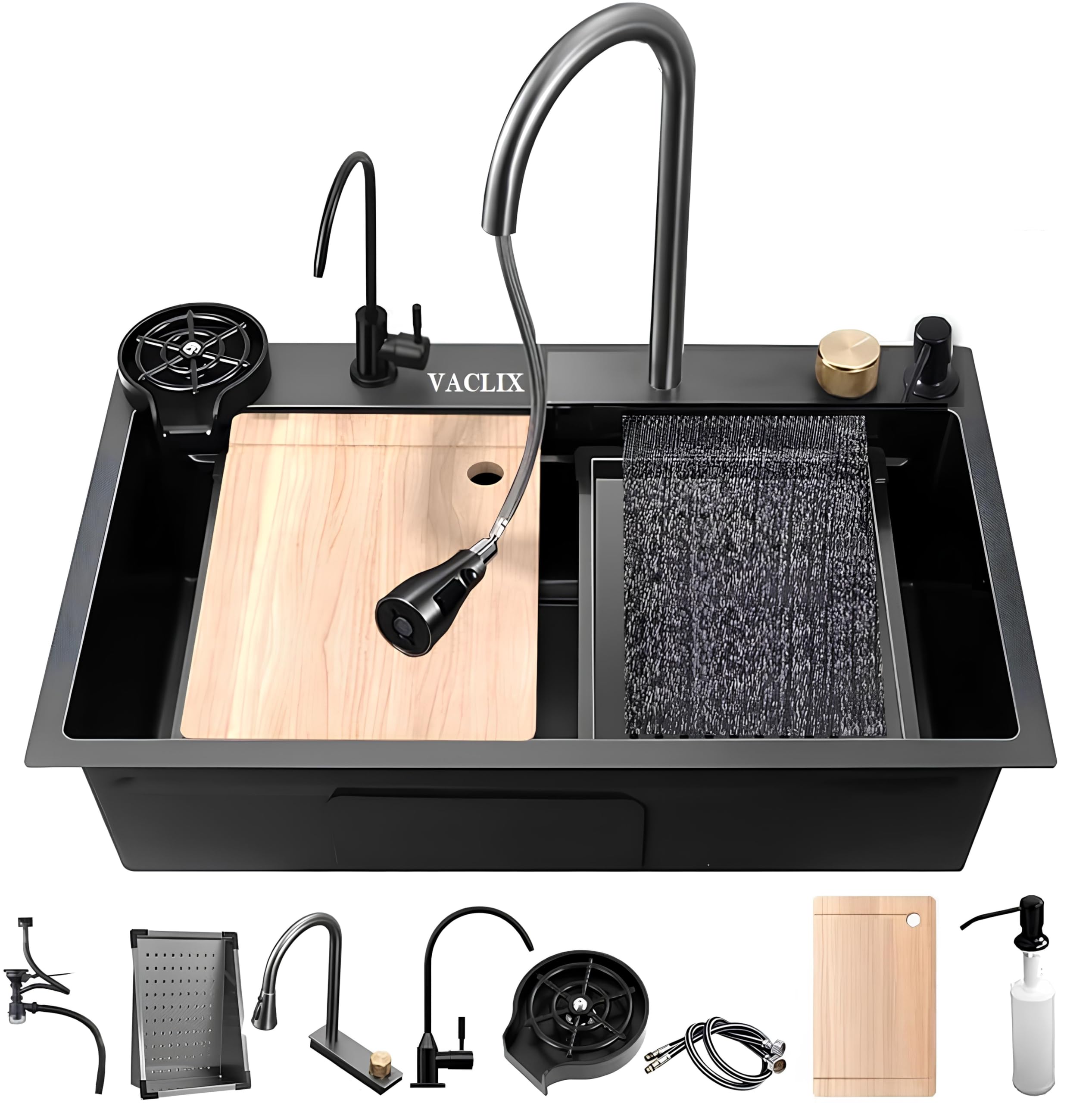 24'' x 18'' x 10'' Waterfall Sink Integrated HONEYCOMB DESIGN 304 Grade With CLASSY BLACK MATT Finish Single Bowl Multifunction Kitchen Sink