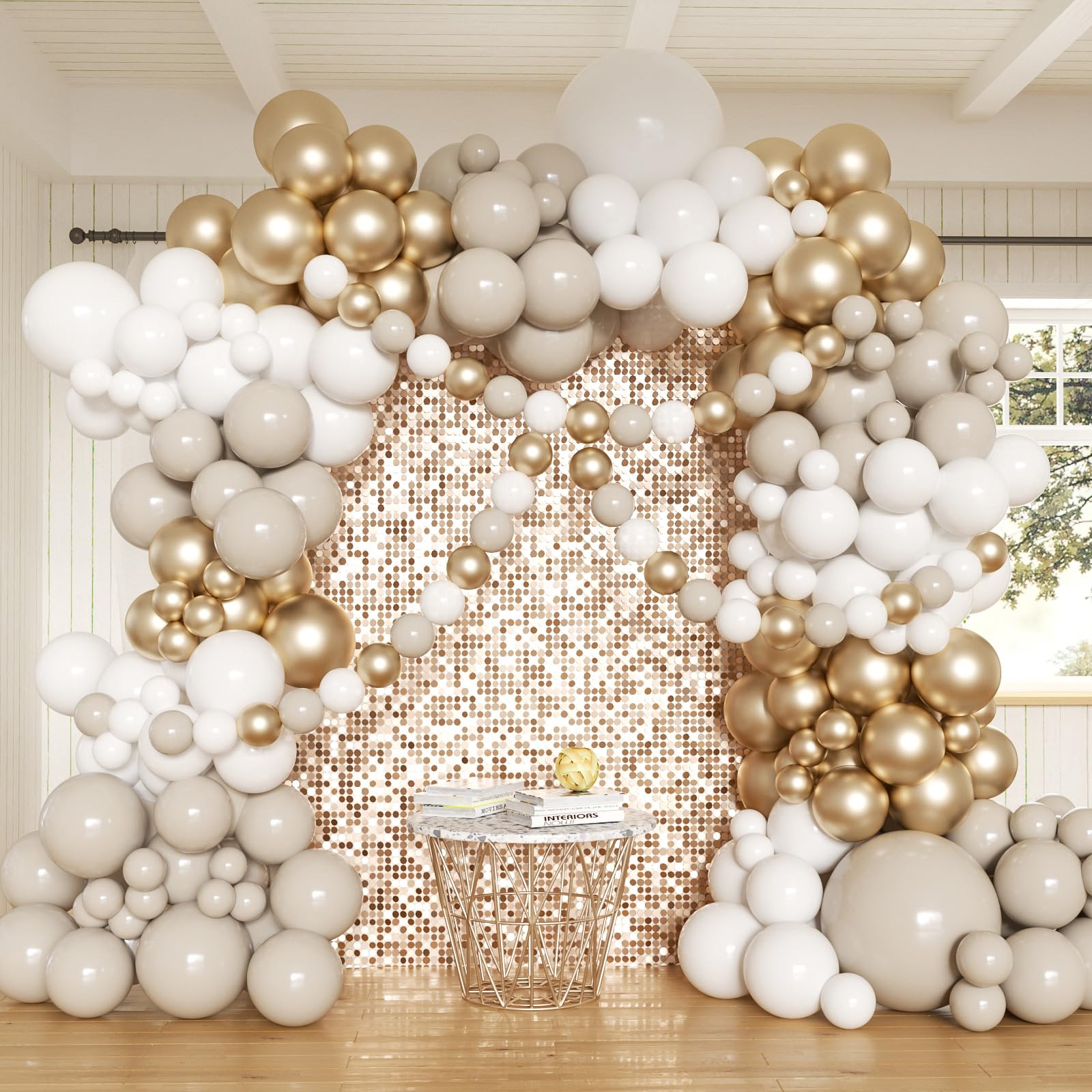 White Sand Gold Balloon Garland Arch Kit, 162PCS Neutral White Sand Chrome Gold and White Balloons for Baptism First Communion Boho Wedding Baby
