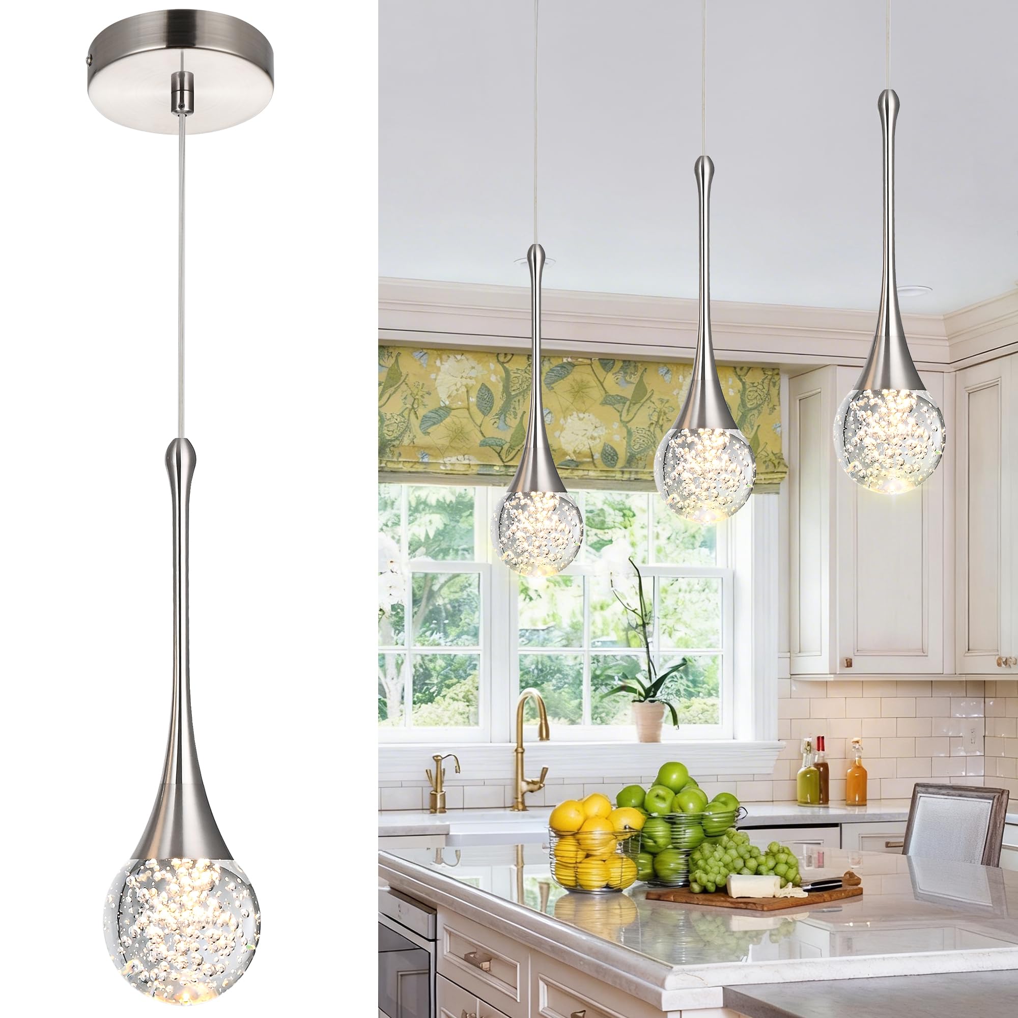 Photo 1 of VINLUZ 3-Pack Modern Crystal Chandelier, Dimmable LED Bubble Raindrop Brushed Nickel Pendant Lighting Fixture, Luxury Elegant Adjustable Spiral Ceiling Light for Entryway Living Room Island