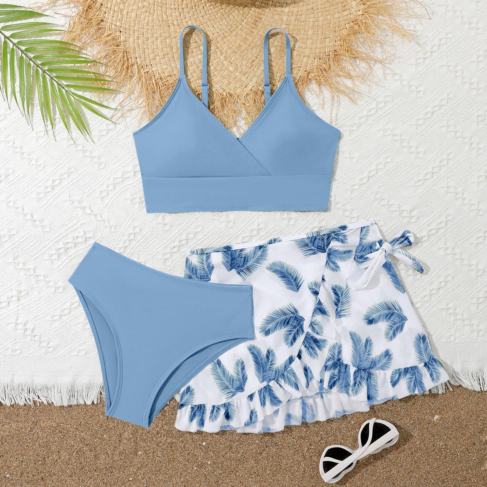 Mädchen Bikini 3er Set - Kinder Badebekleidung mit Blumenmuster Bralette Bikini-Set Leibchen Bademod Rüschen Cover Up Rock Elastisch Regular Fit Schwimmen Badeset Schwimmanzug für 8-14 Jahre