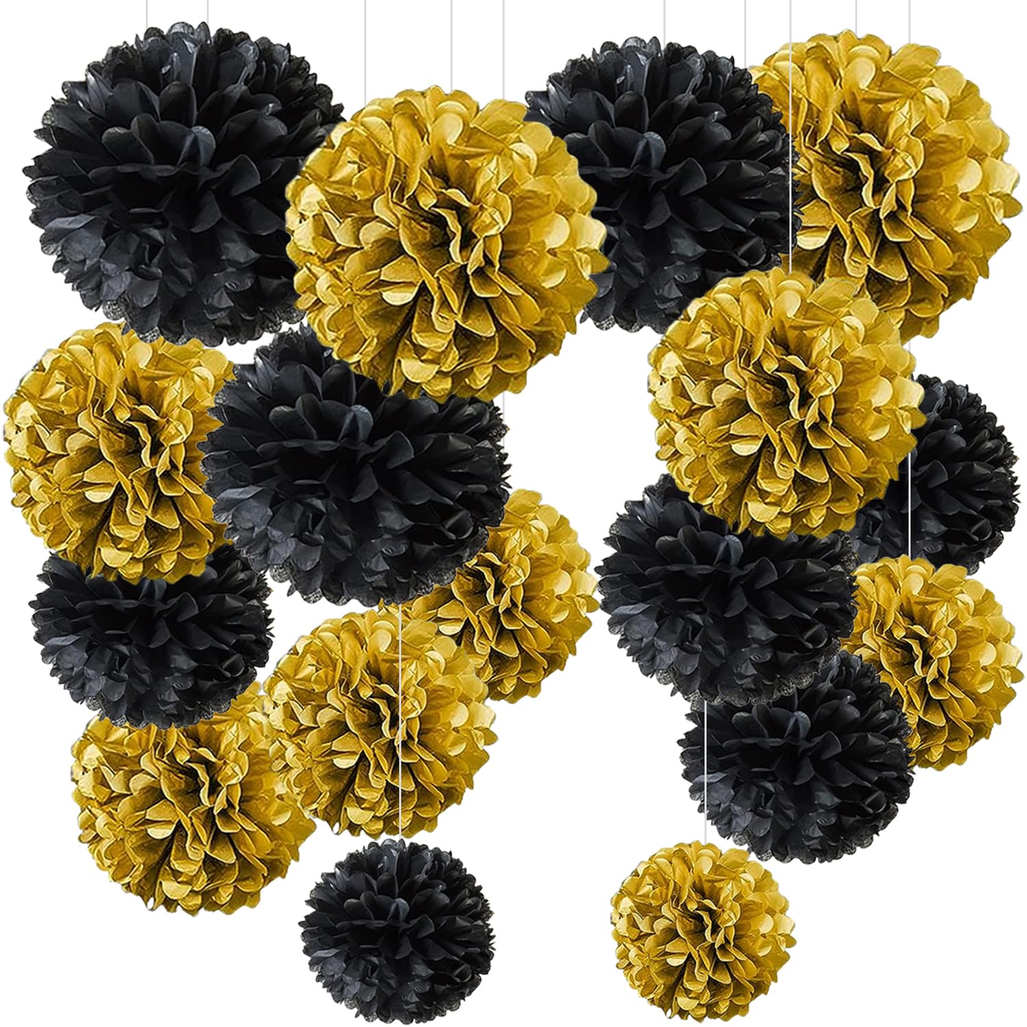 YBwanli 20 pompones de papel de seda negro dorado para decoración de fiesta, decoración de Nochevieja, boda, cumpleaños, graduación, despedida de soltera, fiesta de graduación, Navidad