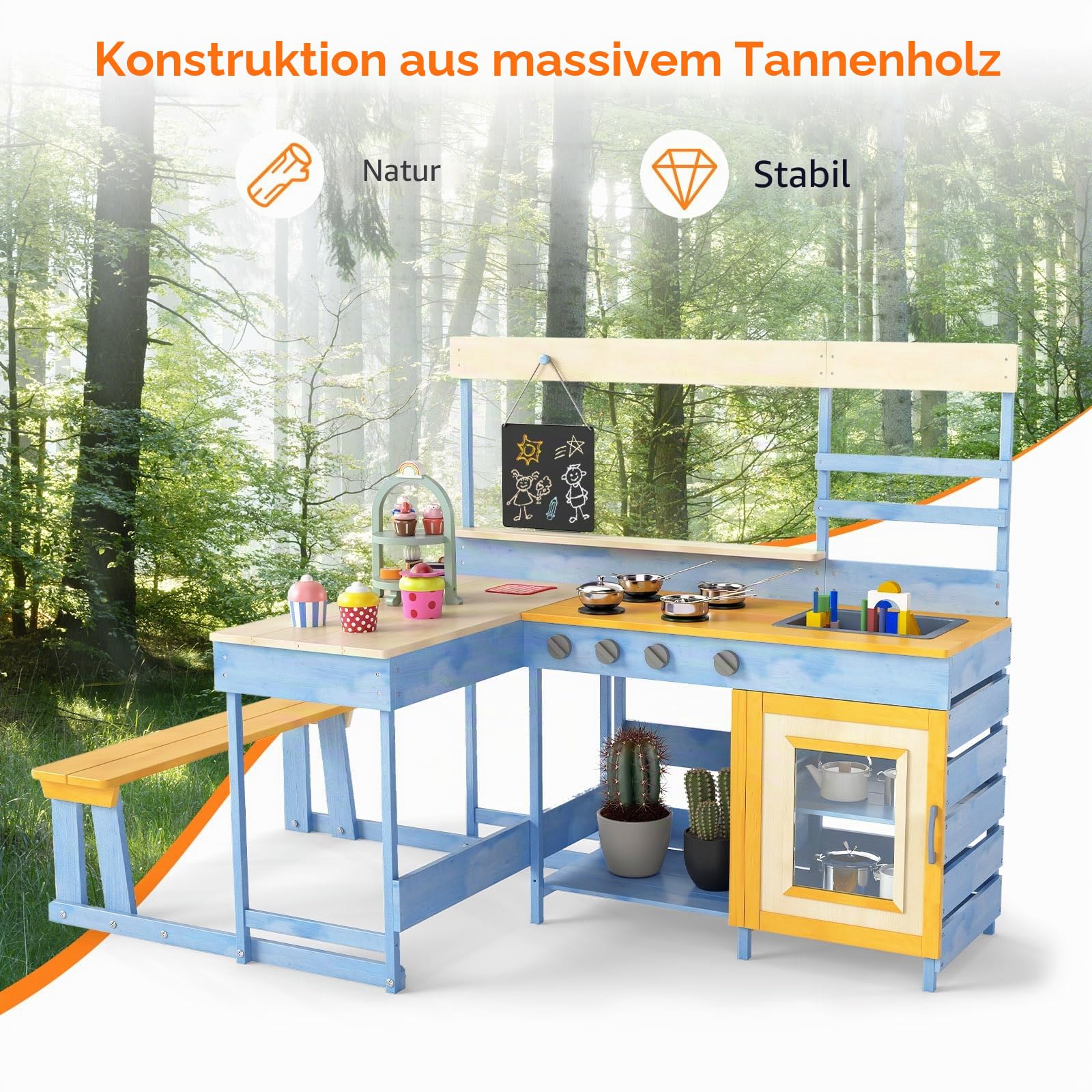 FANTASK Tannenholz Kinderküche, Matschküche mit Picknicktisch & Bank, Dessertzubehör Küchengeschirr Tafel, Outdoor Spielküche Küche für Kinder ab 3 Jahren (Hellblau)