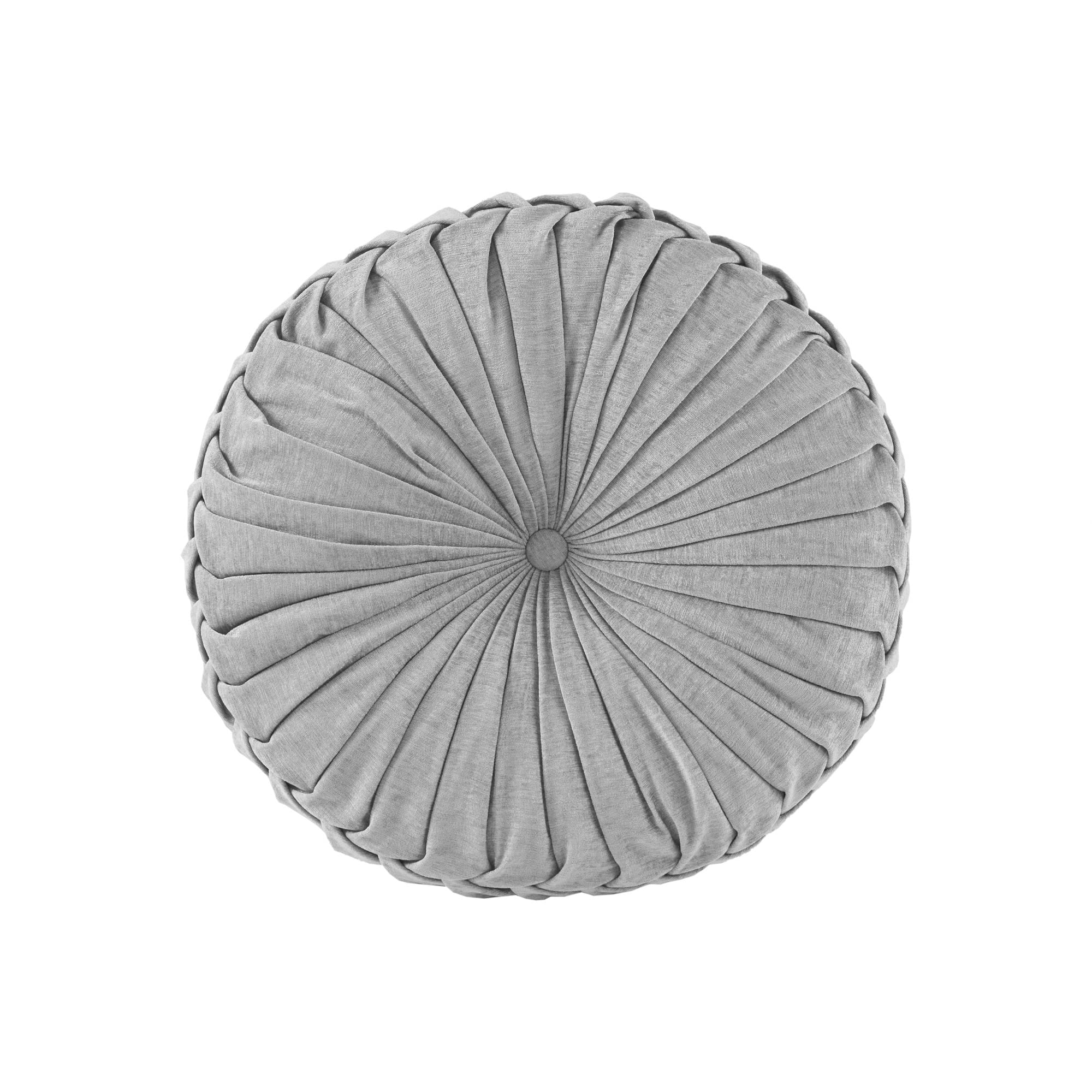 Intelligent Design Loretta Chenille Round Floor Pillow Meditation Cushion, Soft Color & Natural Luster Button Tufted with Elegant Pleated Details, Dia 22"x6"H, Grey