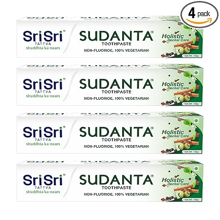Sri Sri Tattva Sudanta Herbal Toothpaste - All Natural, Fluoride Free Tooth Paste with Cloves, Cinnamon, Bakul & More - 100g (Pack of 4), for Kids and Adults