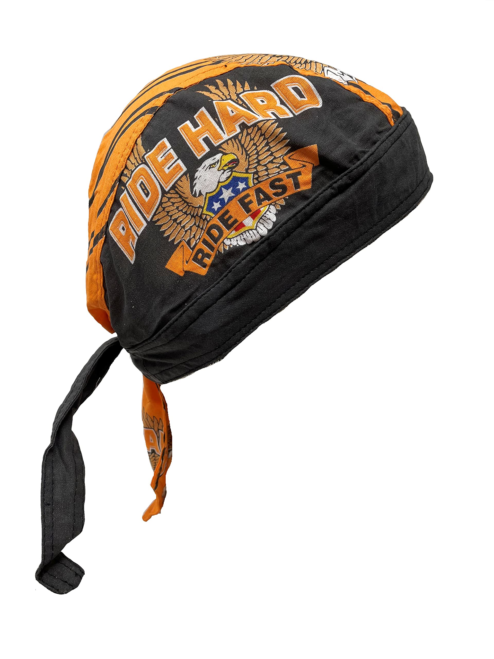 Capsmith Black Orange Ride Hard Ride Fast Eagle Danbanna Head Wrap Durag Doo Rag Skull Cap Biker with