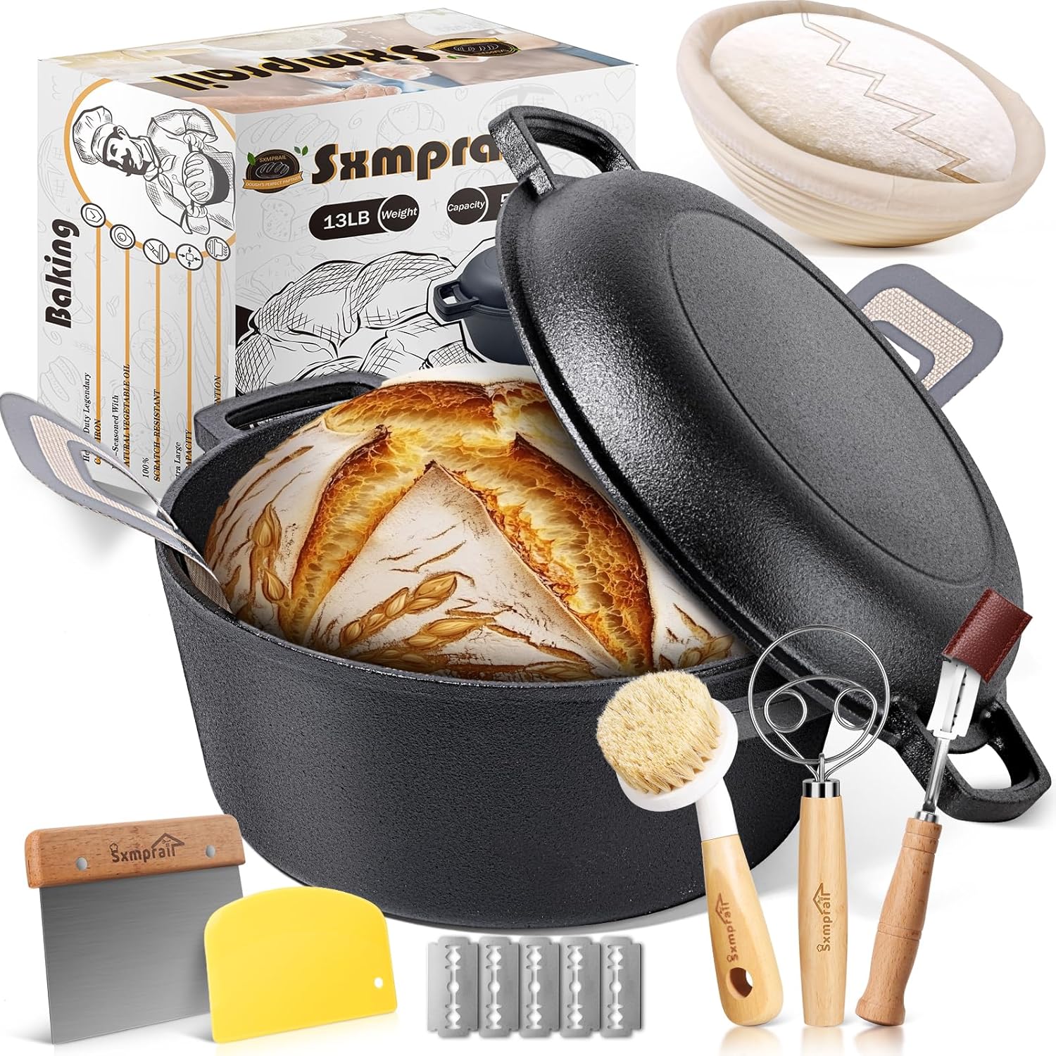 Cast Iron Dutch Oven for Sourdough Bread Baking, Pre-Seasoned 5QT Dutch Oven Pot with Lid, Include Proofing Basket, Silicone Sling & Dough Whisk