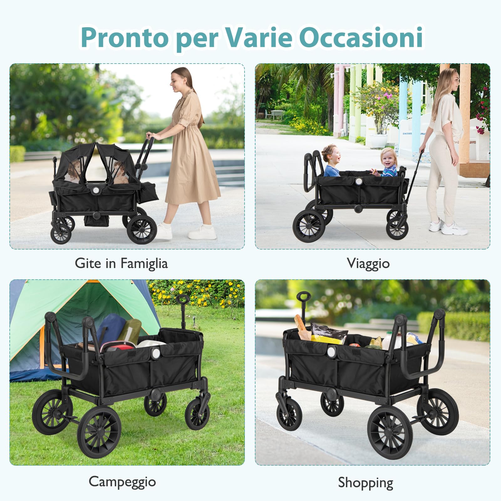 COSTWAY Passeggino Doppio Pieghevole, Passeggino Gemellare con Manico Regolabile, Tettuccio Rimovibile, Portabicchieri, per Bambini da 6+ Mesi, 104 x 57 x 107 cm (Nero)