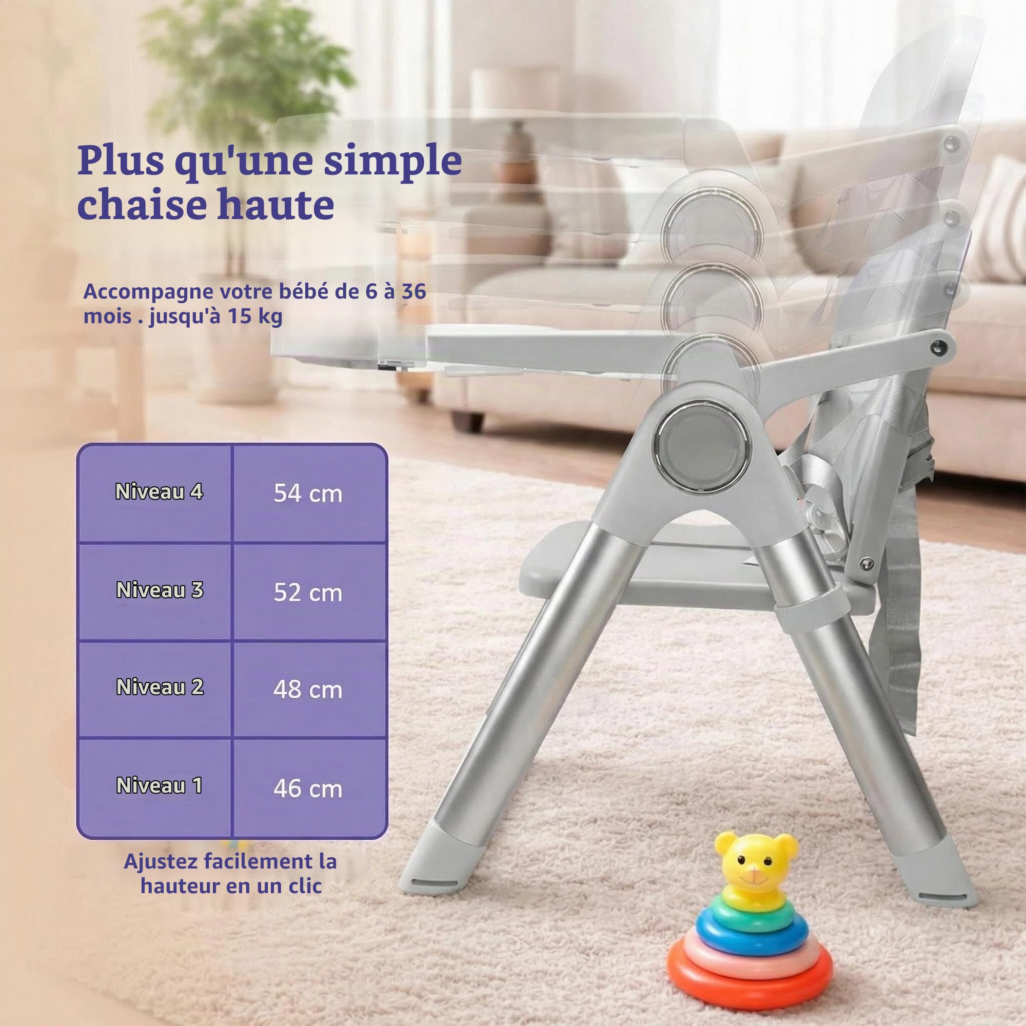 Chaise Haute Bébé Portable Pliable 2 en 1, Rehausseur de Chaise avec Sangles de Fixation, 4 Hauteurs Réglables, Plateau Amovible, Sac de Transport, 6-36 Mois jusqu’à 15 kg (Gris + Argent)
