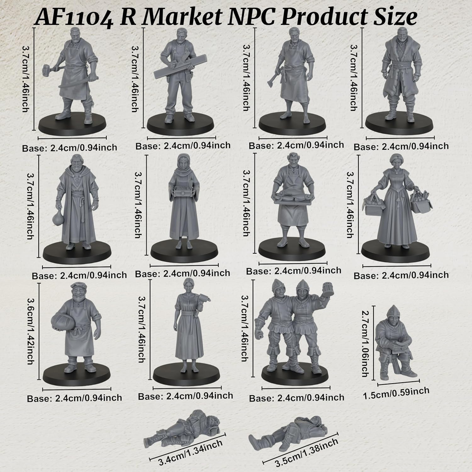 Fantasy NPC Figurine Set for Dungeons and Dragons & TTRPG, Gothic Townsfolk DND Miniatures - 14pc Unpainted 25mm Human Miniatures for Tabletop Gaming- Market NPC (AF1104 R)