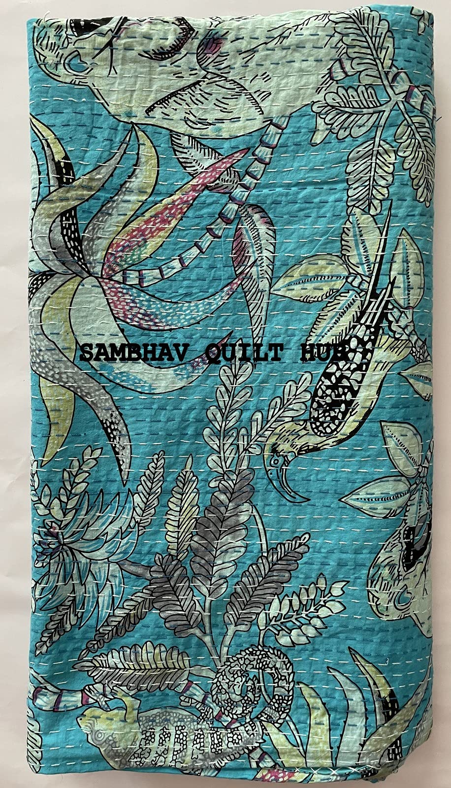 Couvre-lit Kantha Vintage Réversible En Coton Imprimé Jungle Animaux - Vert - Taille Lit Jumeau 152 X 229 Cm - Style Indien Traditionnel
