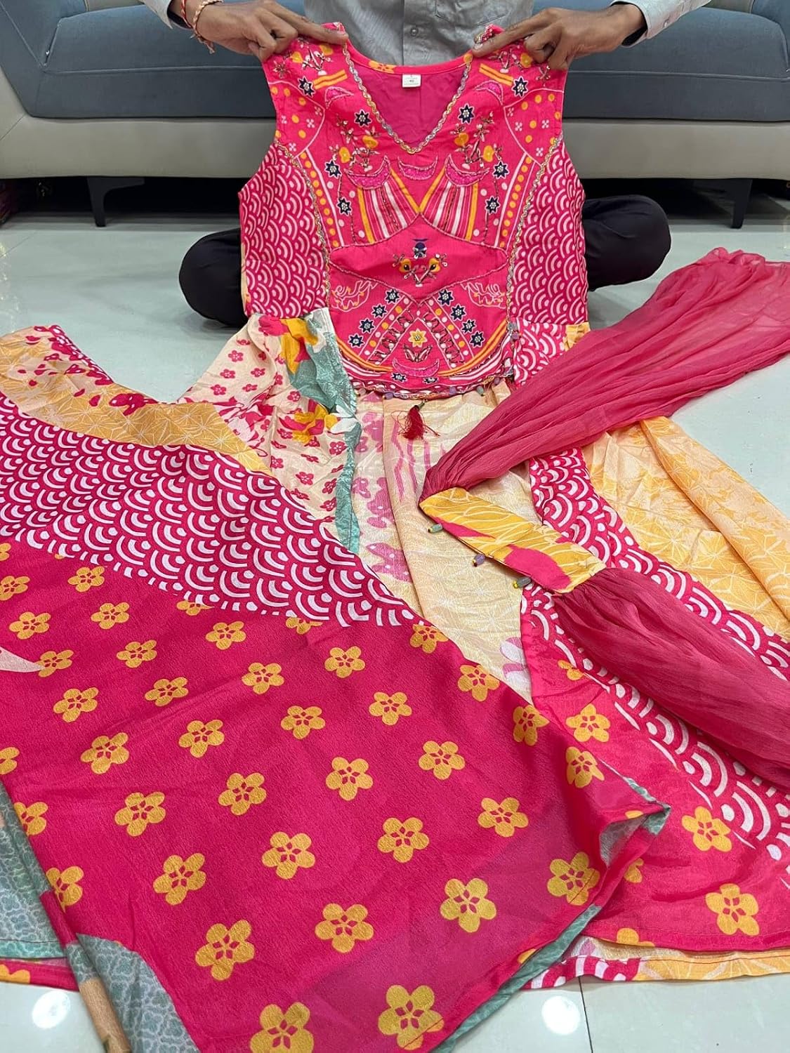 Women's Indian Ethnic Shrug Outfit, Pink Floral Printed Anarkali with Hand Work Embroidered Top and Dupatta