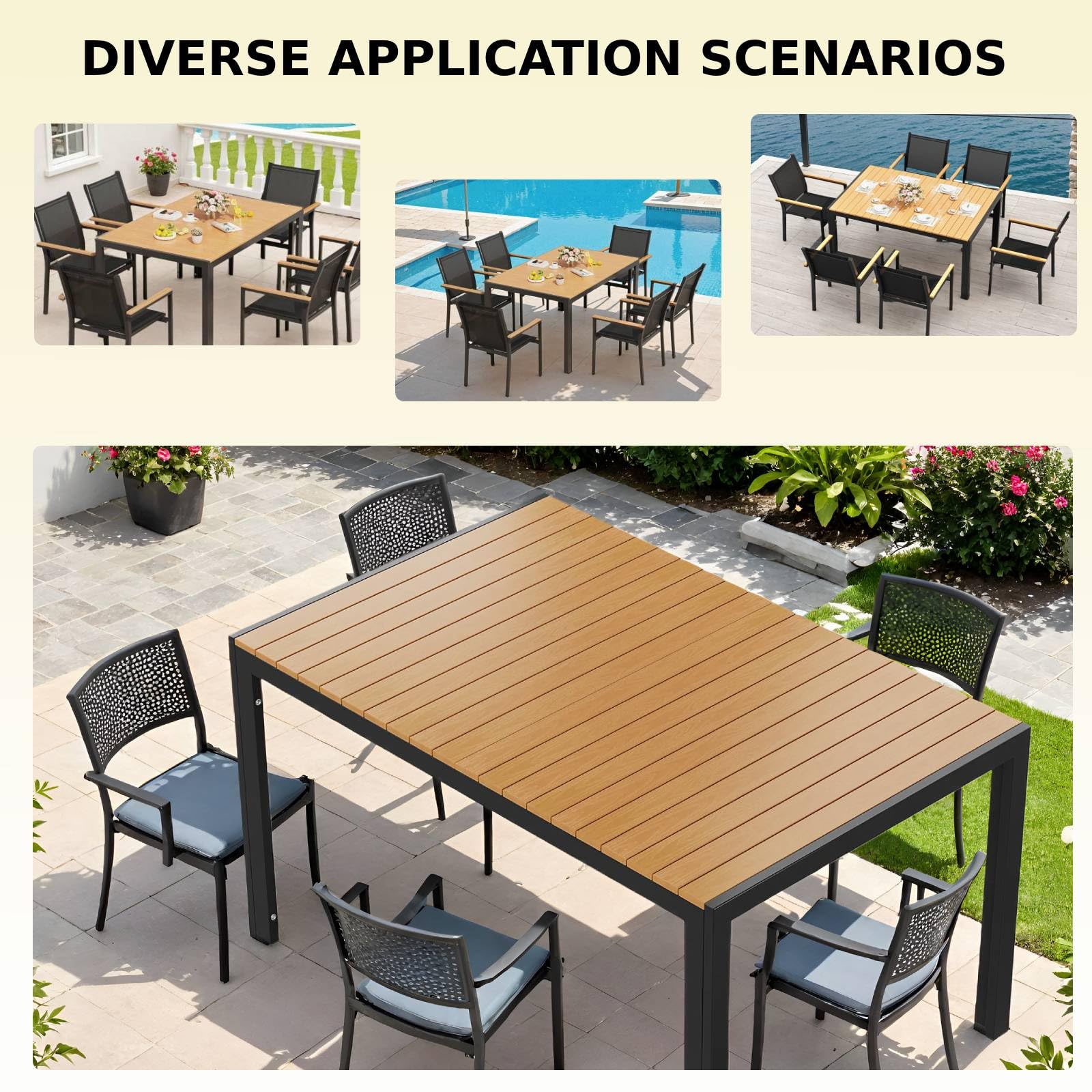 Clevich Tavolo da giardino resistente alle intemperie, 140 x 90 cm, quadrato in alluminio con piano in WPC, tavolo da pranzo da esterno per balcone e terrazza, facile da pulire e durevole, nero+teak