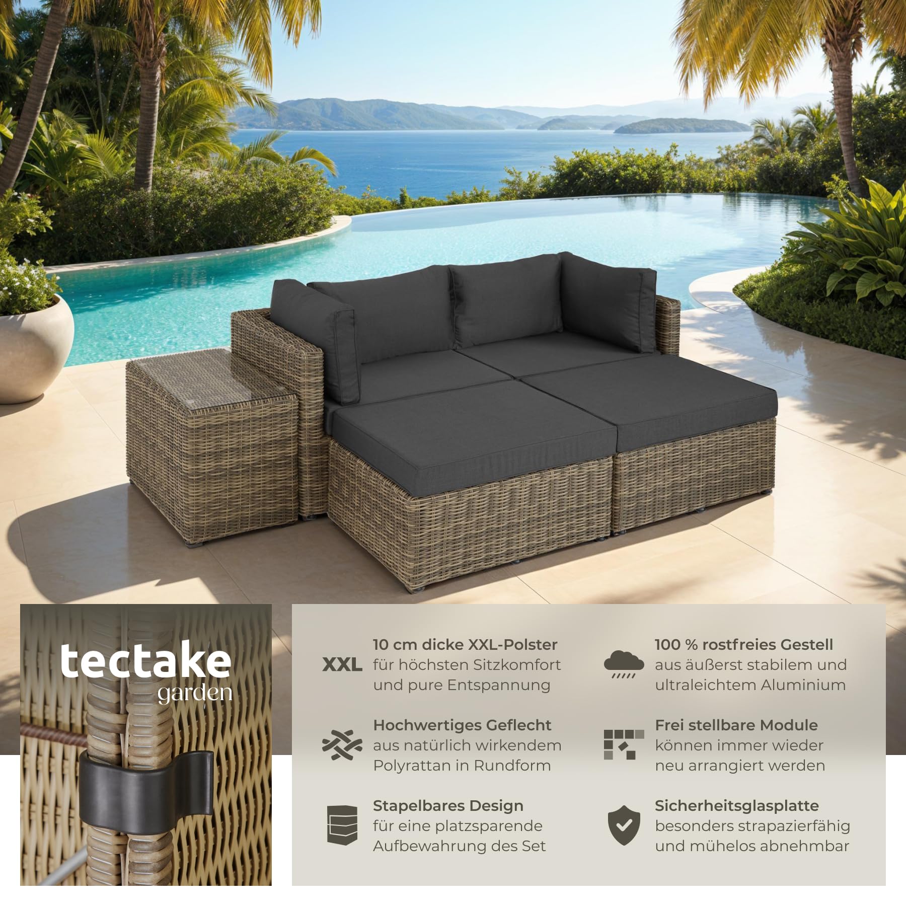 tectake® Luxus Rattan Lounge Set Outdoor, modulares Sofa mit Couch Tisch und Hocker, Balkon Möbel, Garten, Terrasse, Aluminium Gartenmöbel Set wetterfest, Balkon Lounge, Gartenlounge - Natur