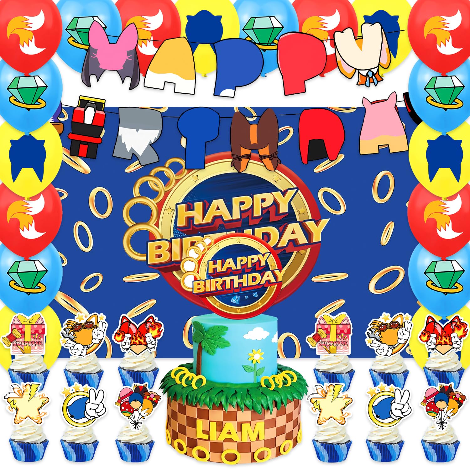42Pcs Blue with Gold Ring Birthday Party Decorations Include Cake Topper Cupcake Toppers Hedgehog Happy Birthday Party Flag Banner and Balloons