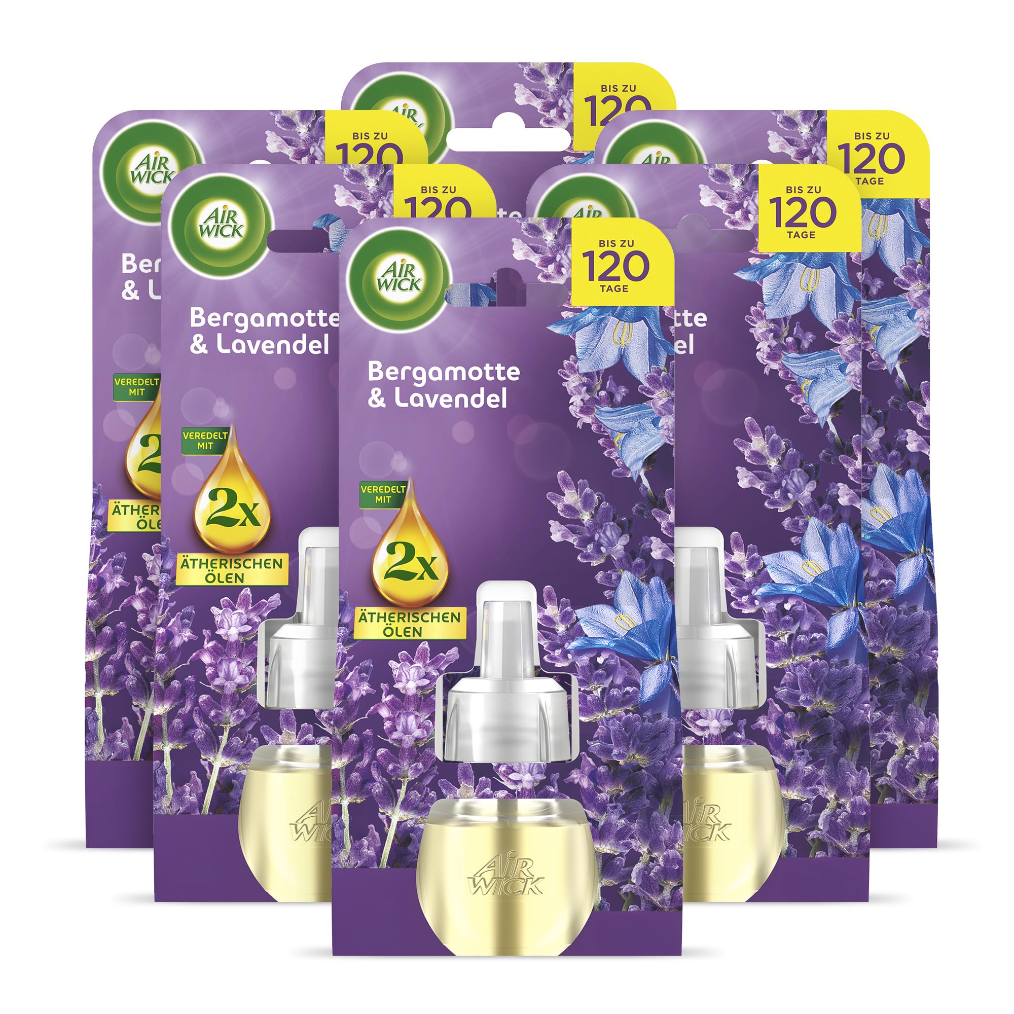 Air Wick Duftstecker Nachfüller – Duft: Bergamotte und Lavendel – Floraler Raumduft für die Steckdose – 6x 19ml Duftölflakon-Nachfüller