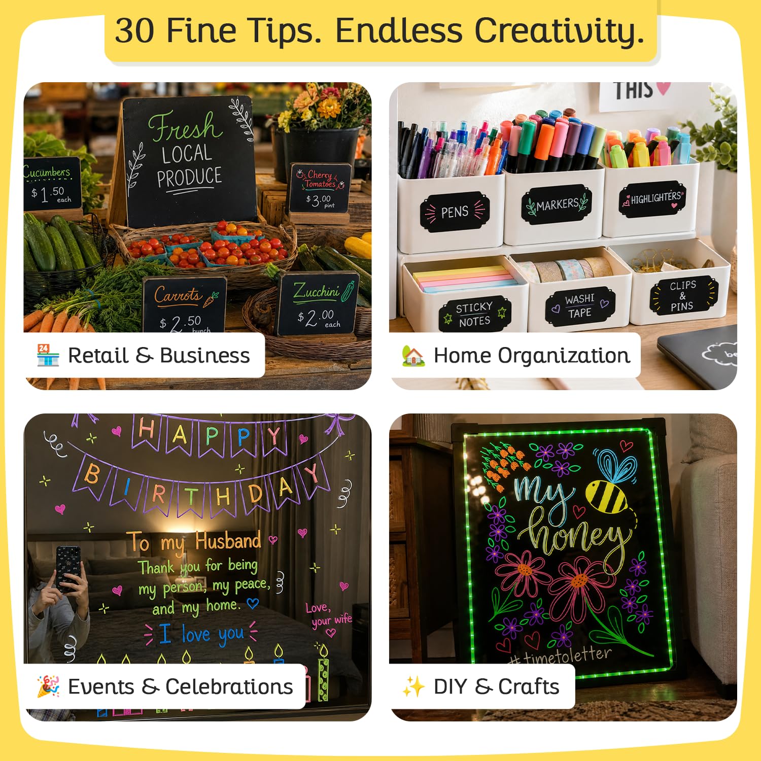 Extra Fine Tip Liquid Chalk Pens (30 Pack 1mm) Pastel + Neon Chalk Pens - Erasable Dry Erase Marker for Chalkboard, Blackboards, Window, Bistro