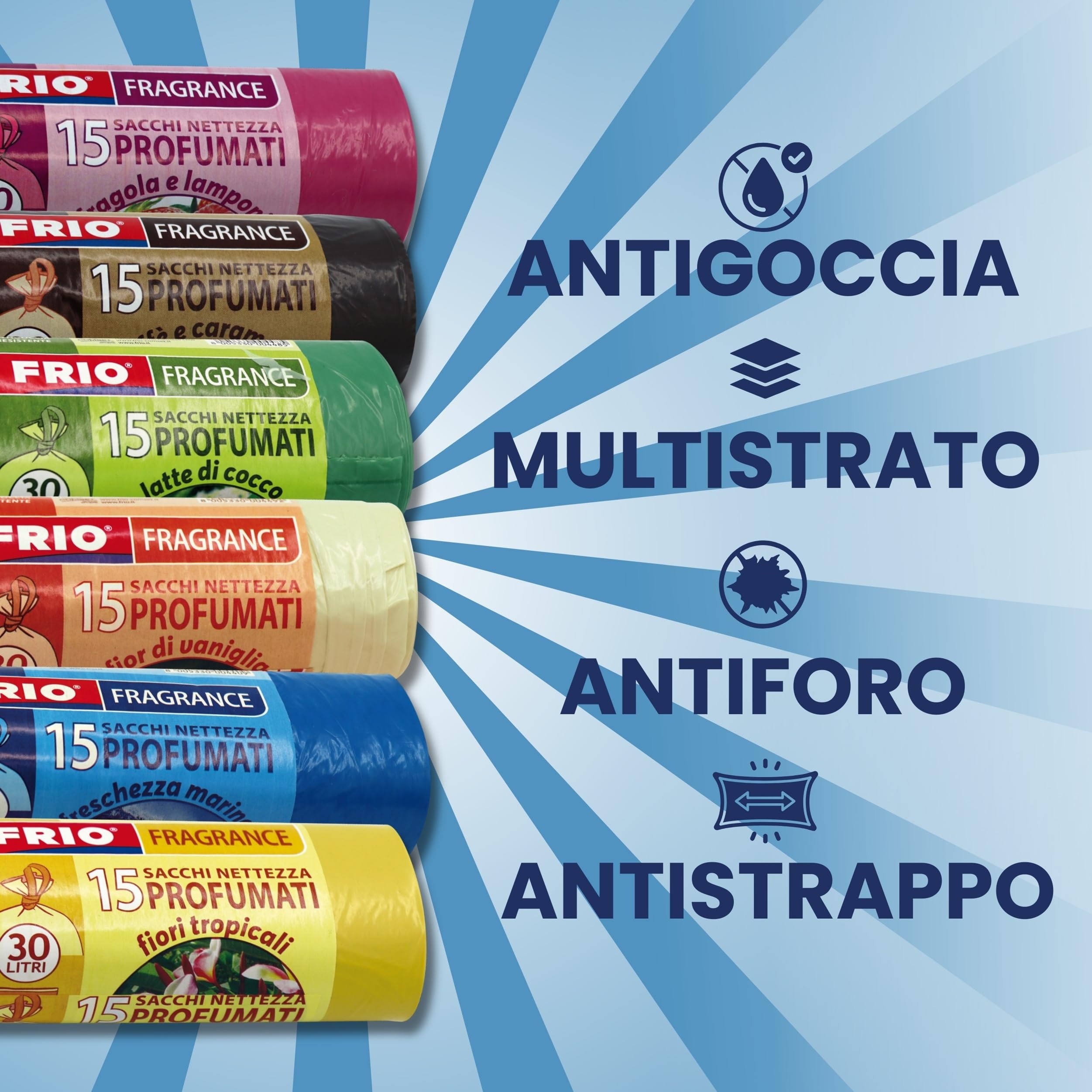 FRIO Multifrutti – 360 Sacchetti Spazzatura 30L Profumati, 24 Rotoli da 15 Sacchi con 6 Aromi e Colori Assortiti, 52x58 cm, Buste Pattumiera Resistenti e Antigoccia