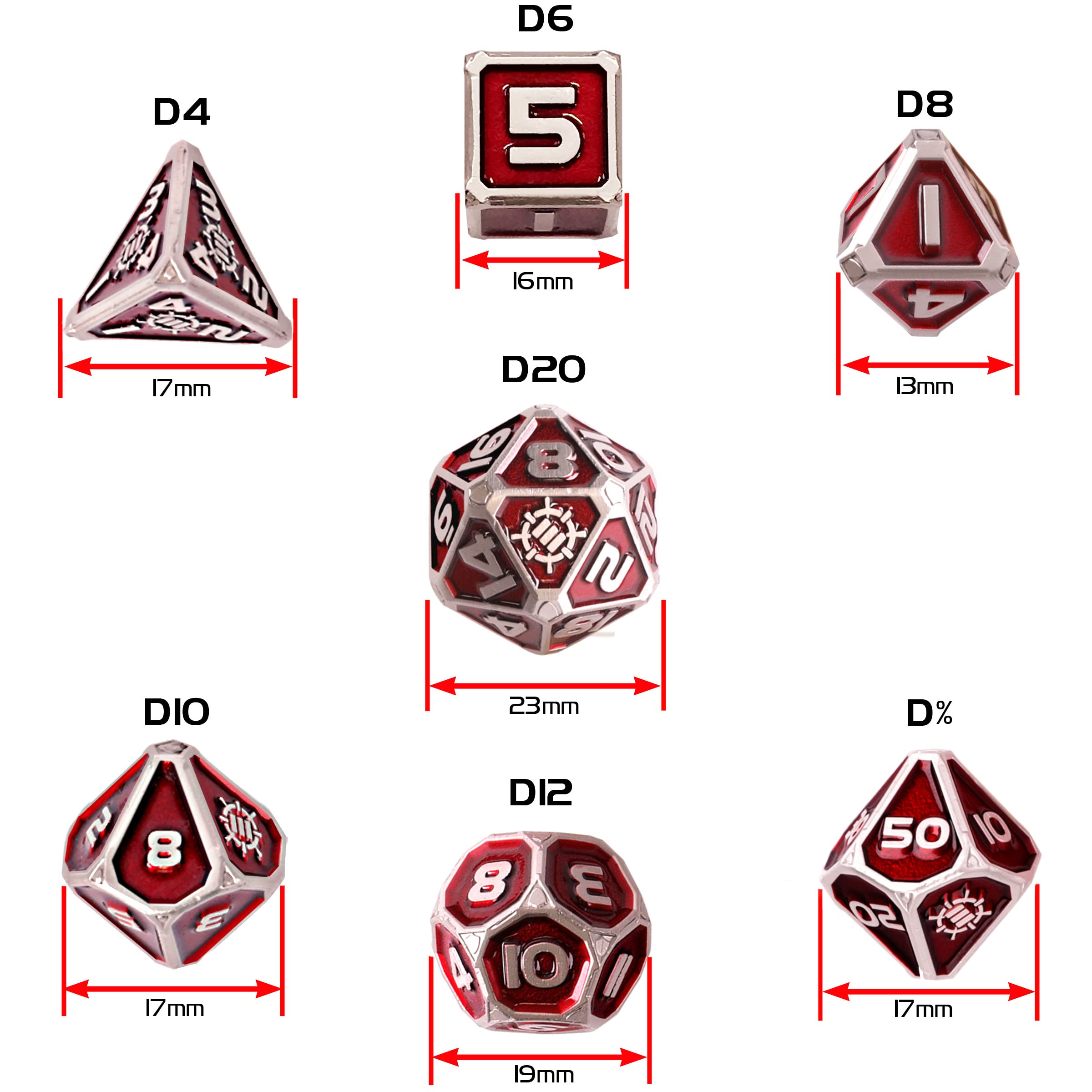 ENHANCE DND Metal Dice Set - 7pc Polyhedral Dice with 2-in-1 Vegan Leather Bag and Tray, Solid Metal Set for Dungeons and Dragons, Pathfinder, More RPGs (Collector's Edition Red)