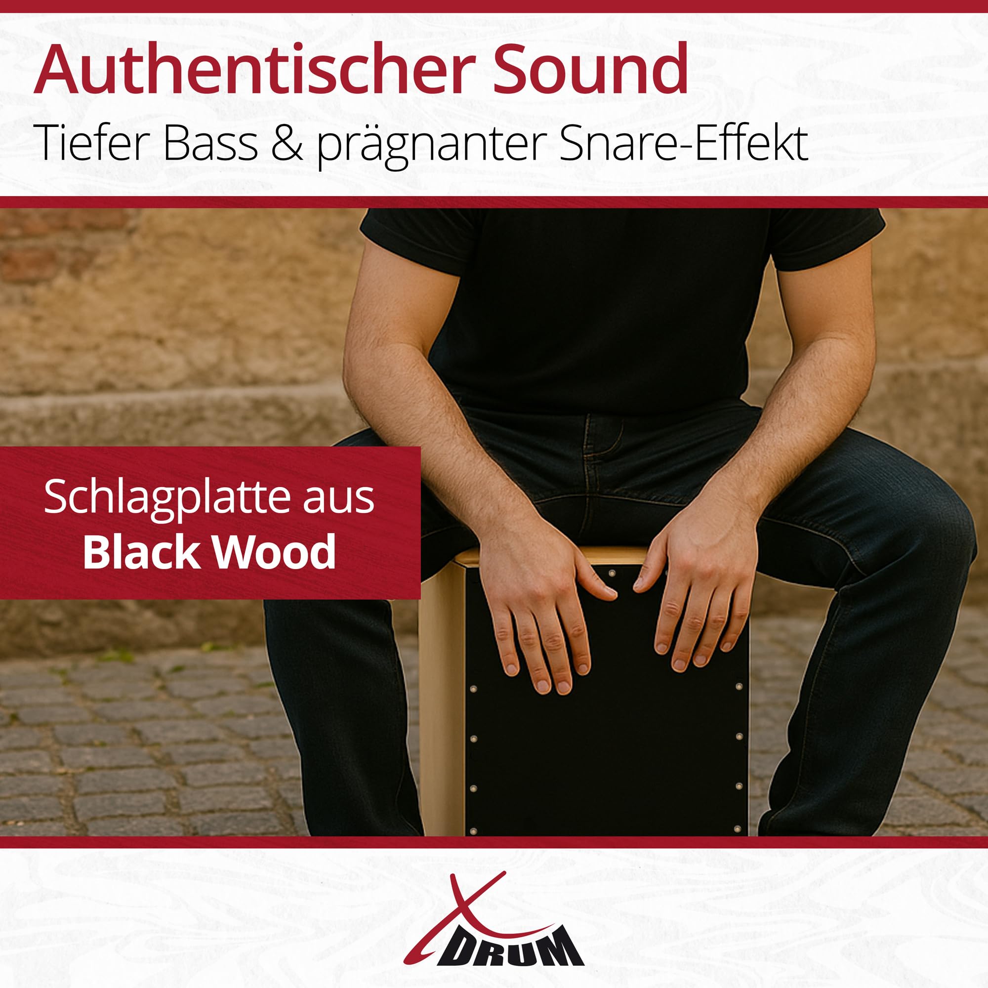 XDrum PERC CP-481 Cajon Peruana Black Wood Set (Set inkl. Cajon mit Birken-Korpus & Snareeffekt, passende Rucksack-Tasche für sicheren Transport & Aufbewahrung und Cajonschule für Einsteiger)