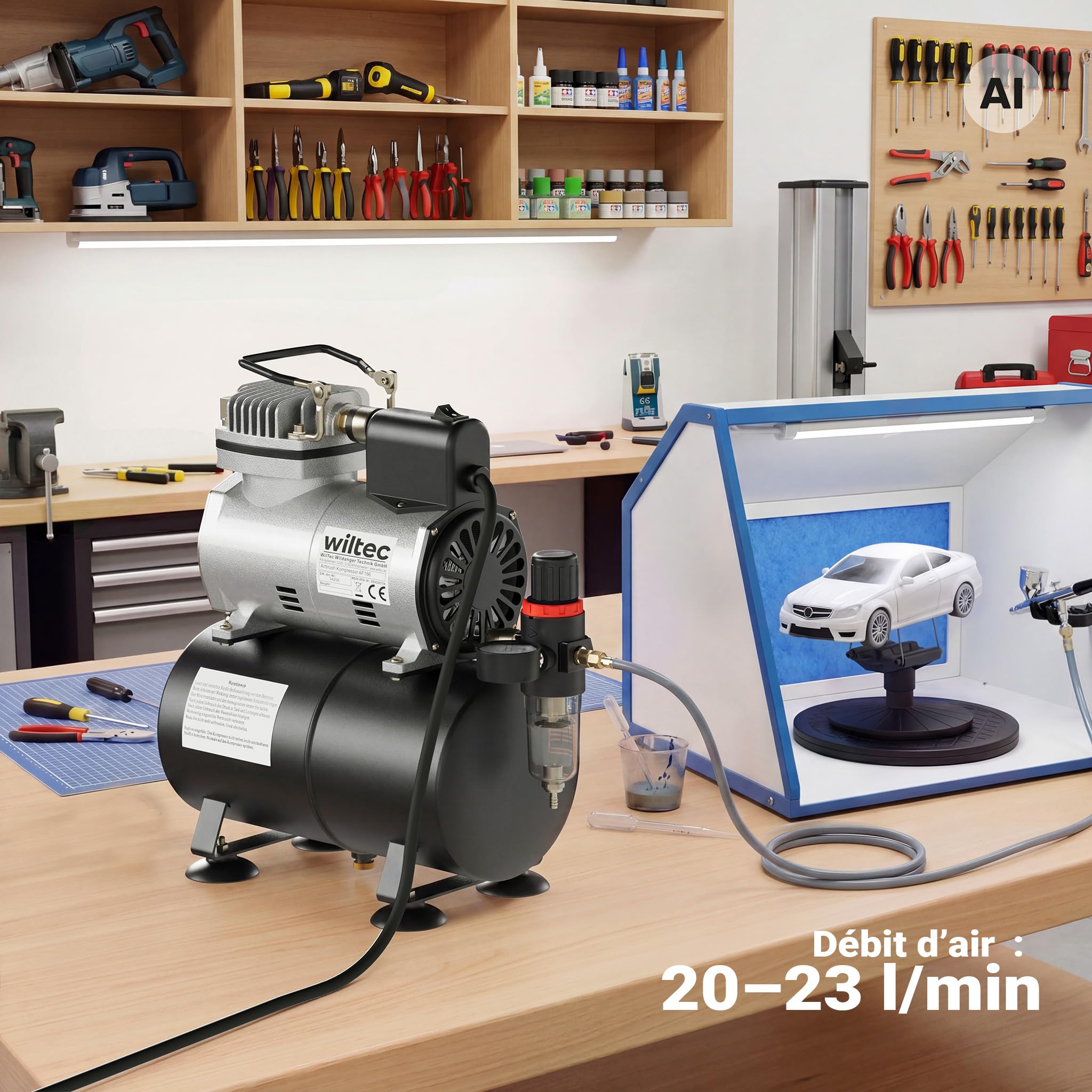 Wiltec Compresseur à membrane Aérographe Airbrush AF186 – 4 bar – Diaphragme – Sans huile – Réservoir d'air Réducteur de pression Coupure automatique – Aérographie, modélisme, manucure, tatouage