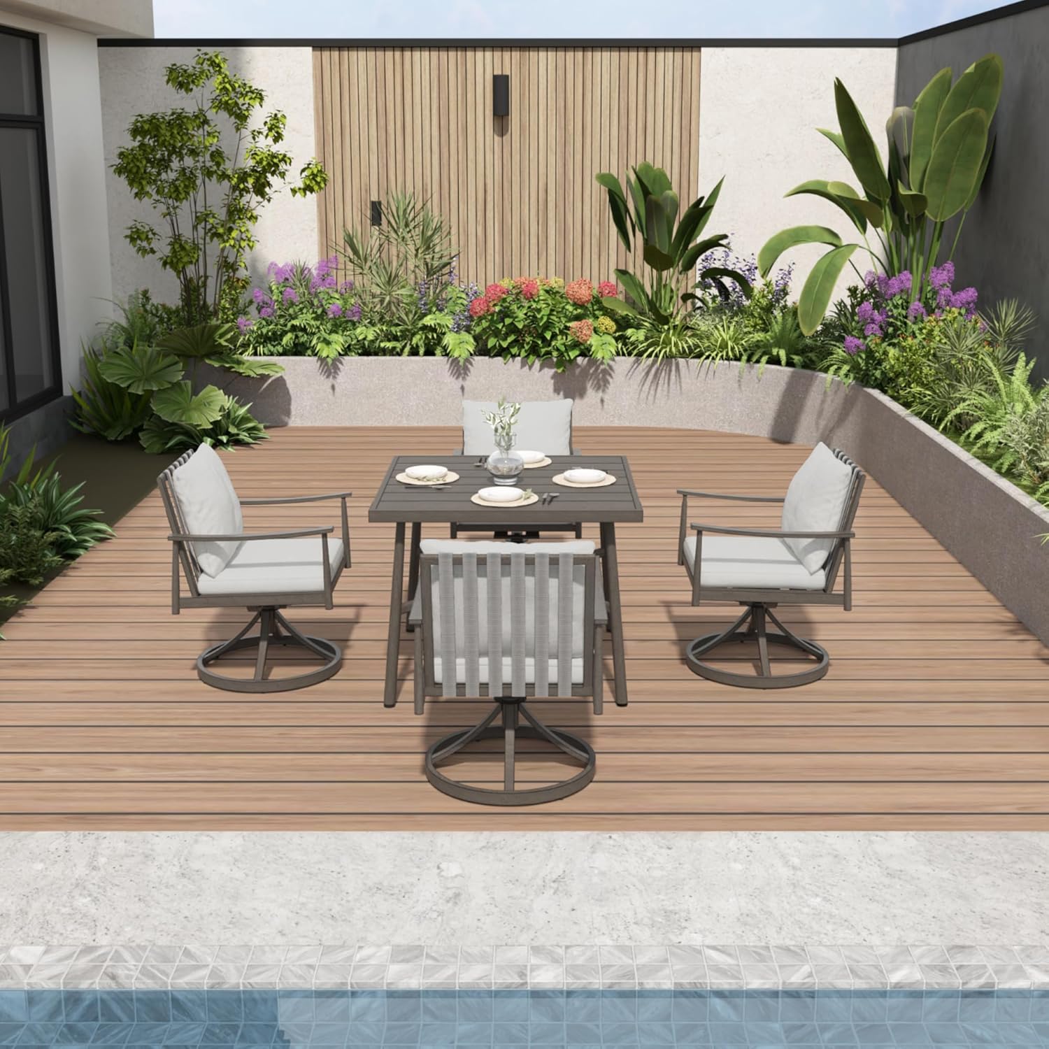 5-Piece Outdoor Dining Set - Aluminum Patio Dining Set with Removable Cushions,4 Swivel Chairs with Rope Backrest, Square Table with Umbrella Hole,Rustproof for Lawn Porch Yard,Grey