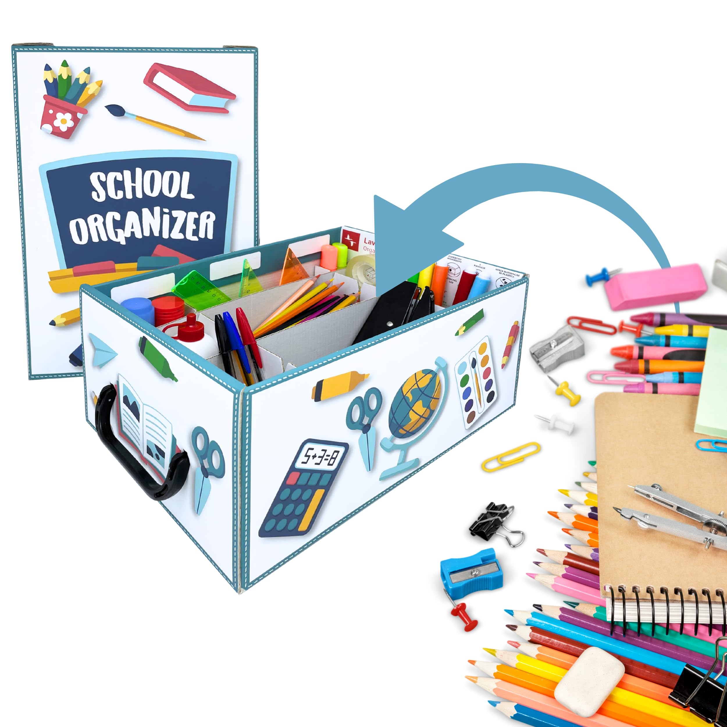 Lavatelli Back to School Organizer, Kartonbox für Kinder Schulsachen. Schreibwaren & Kreativmaterial, 4 verstellbare Fächer + Stifthalter, für A4 Blätter, Stifte & Marker, 32x22,5x15 cm Bürobedarf & Schreibwaren