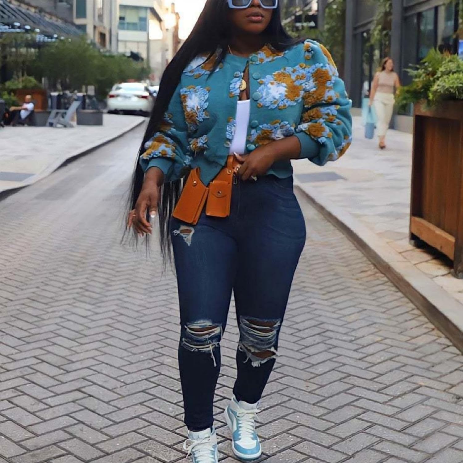 OPCAKM Women's Cropped Floral Print Shacket Jackets Round Neck Long Sleeve Bomber Coat Outerwears - Image 2