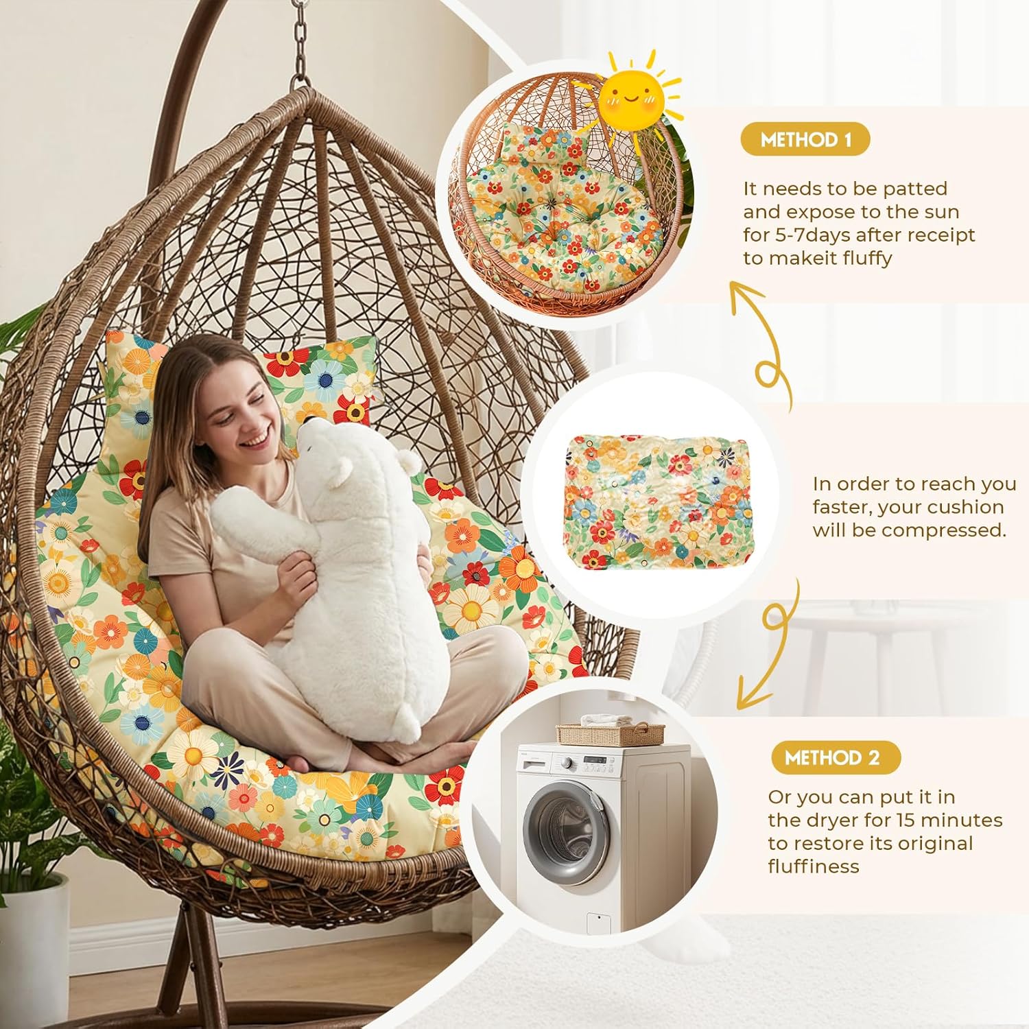 Outdoor Round Egg Chair Cushion Replacement, Waterproof 45" L x 45" W Thicken Hanging Swing Egg Chair Cushions with Headrest Pillow, Soft Wicker Basket Eggs Chairs Pad for Garden (Yellow Daisy)