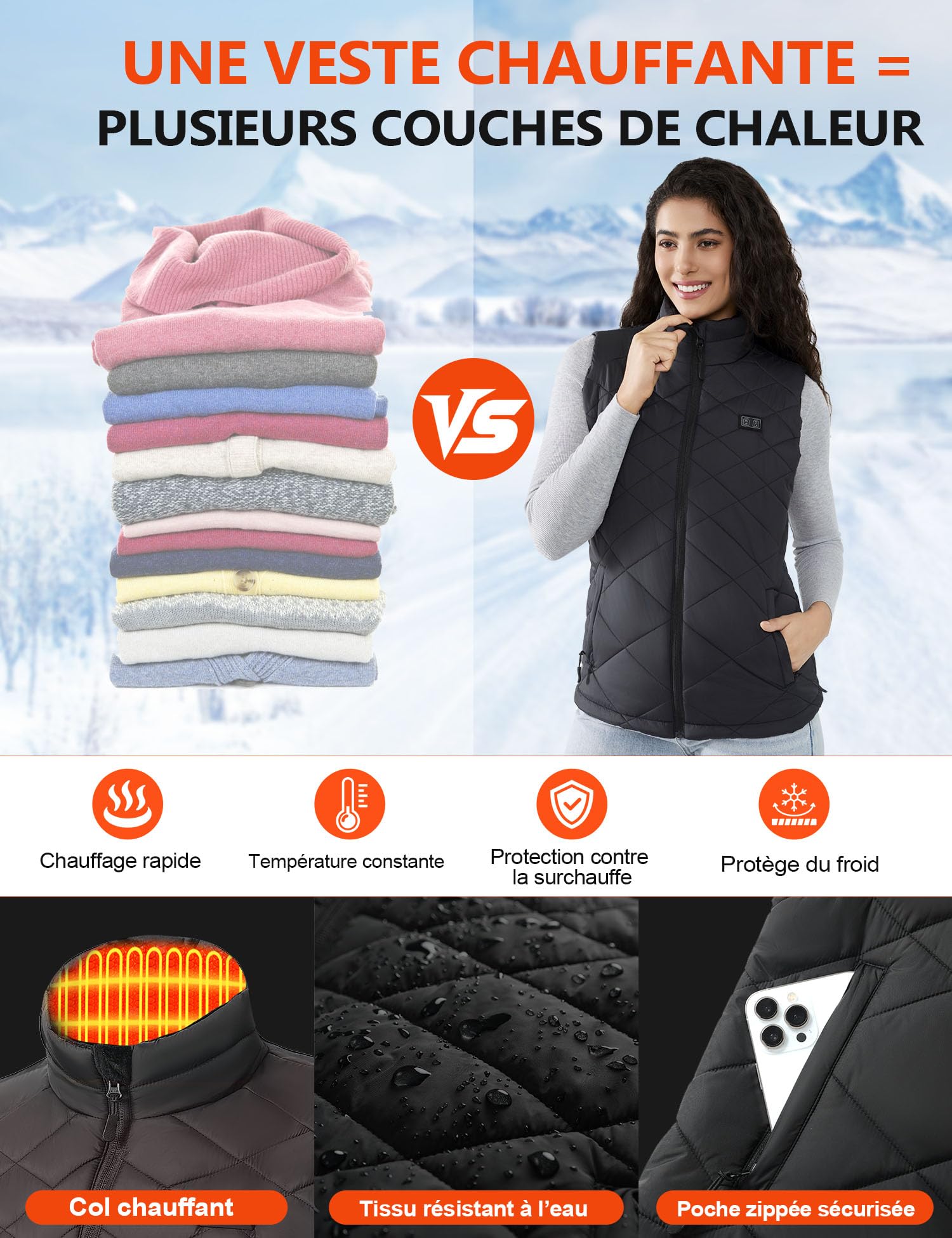 Gilet Chauffant Femme avec Batterie 18400mAh 7.4V – Jusqu’à 11h de Chaleur, Lavable en Machine, Veste Chauffante Léger Déperlant pour Hiver