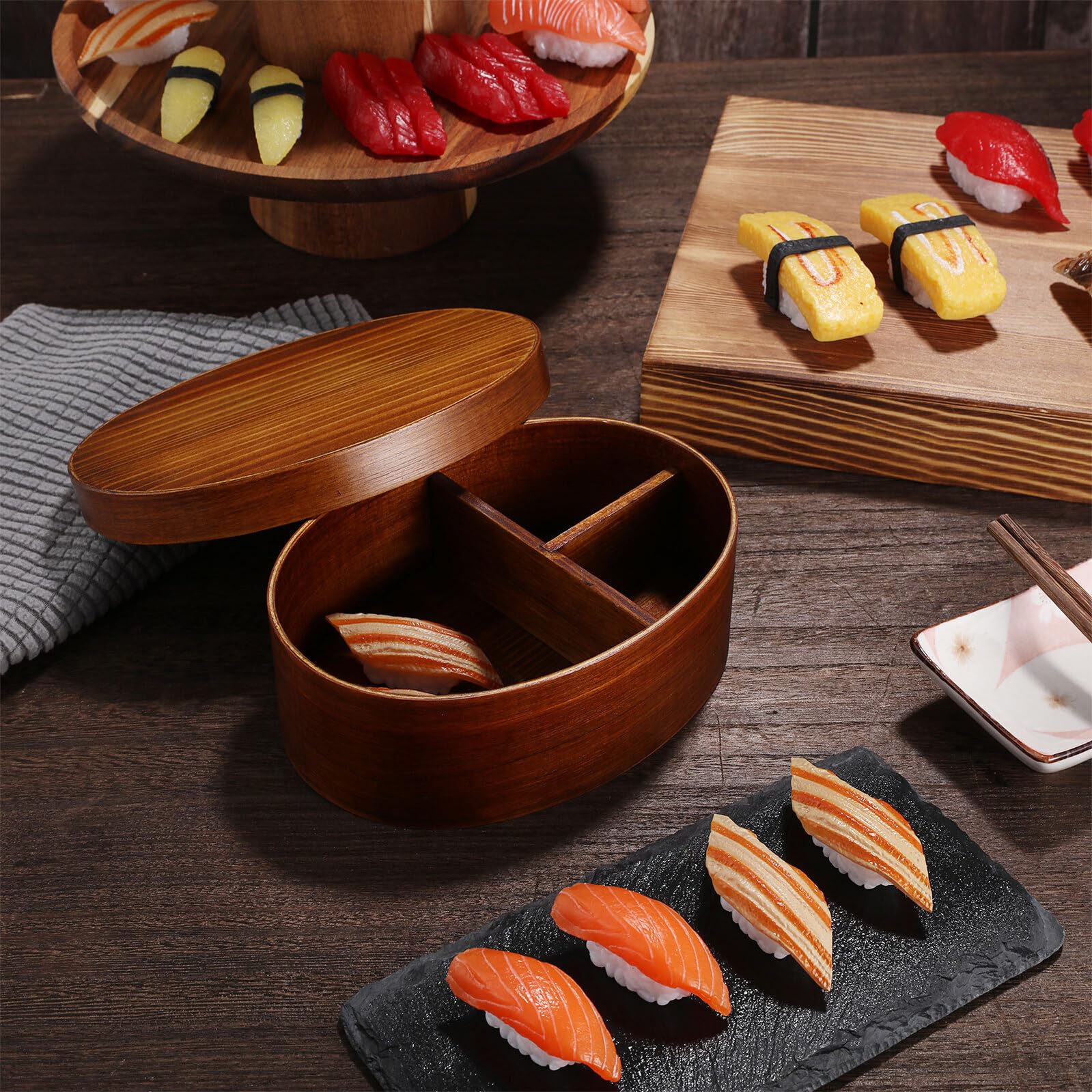 Boîte à Bento Japonerie en Bois 800ml Ronde Style Rétro Facile à Transporter et Sûre pour Déjeuner et Sushi