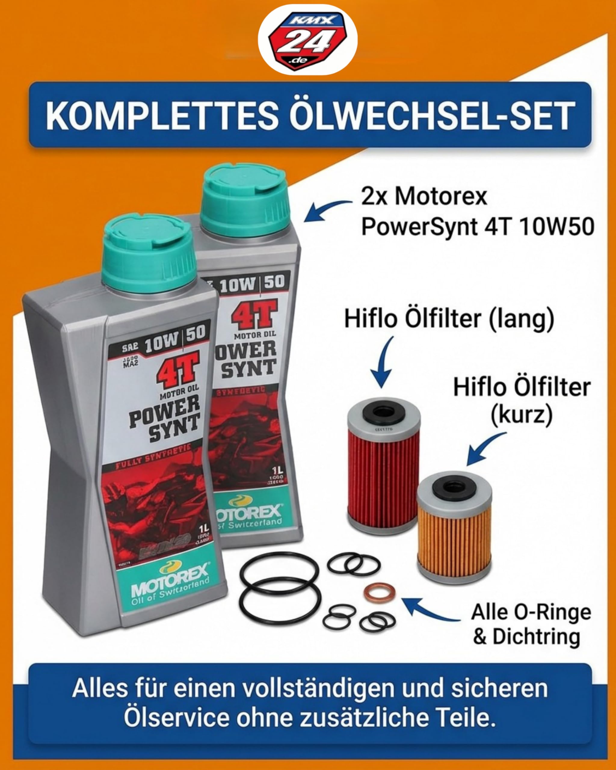 Ölwechsel Set – passt an KTM LC4 690 Duke Enduro SMC SMC-R Supermoto – Modelle ab 2012 – Motorex PowerSynt 4T 10W50 – Ölfilter Kit – Service Set