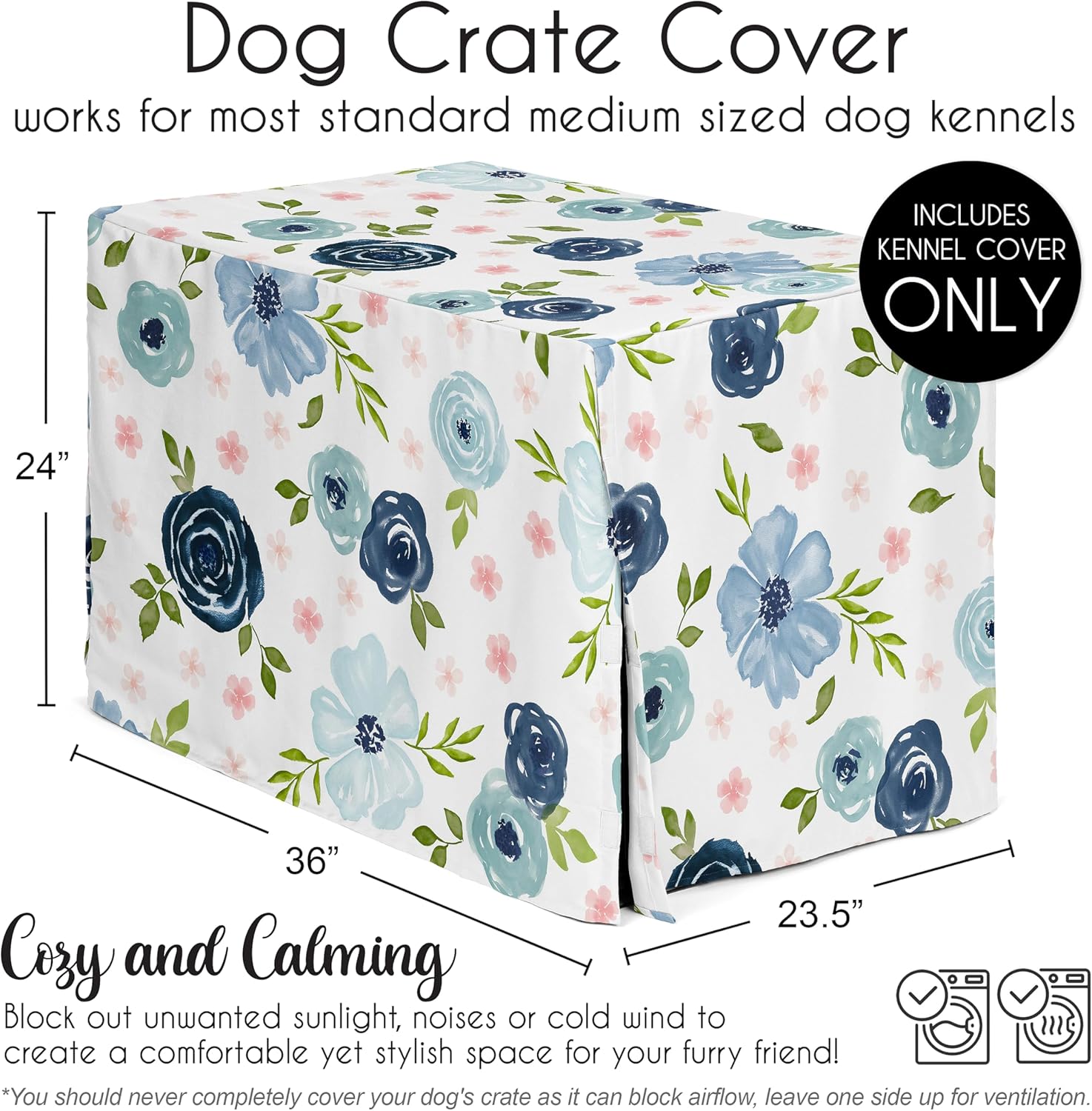 Sweet Jojo Designs 36in. Medium Dog Crate Cover (Blue/Pink Boho Floral) for Girls Pet Cage, Kennel Covers (Watercolor, Flower, Elegant Rose, Bohemian, Shabby Chic, Farmhouse Nature, Navy, Blush, Grey)