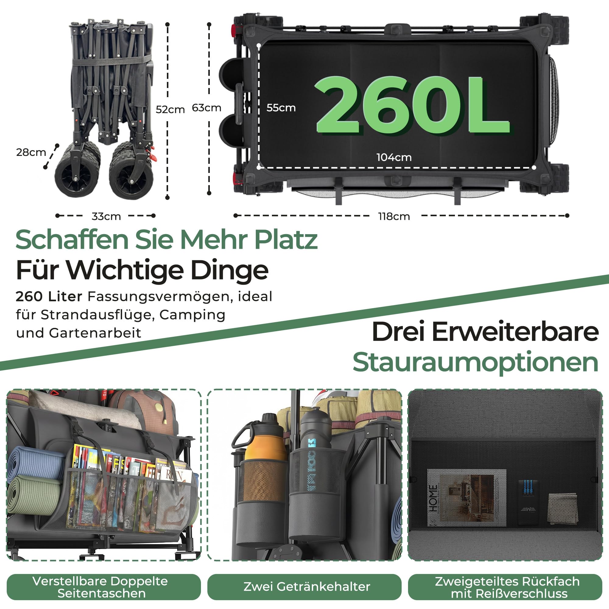 JUMMICO XXXL Faltbarer Bollerwagen 260L 200KG Tragkraft, Kapazität 17cm Ballonreifen Doppelte Feststellbremse Strand Einkauf Fest Camping Transportwagen, Grau