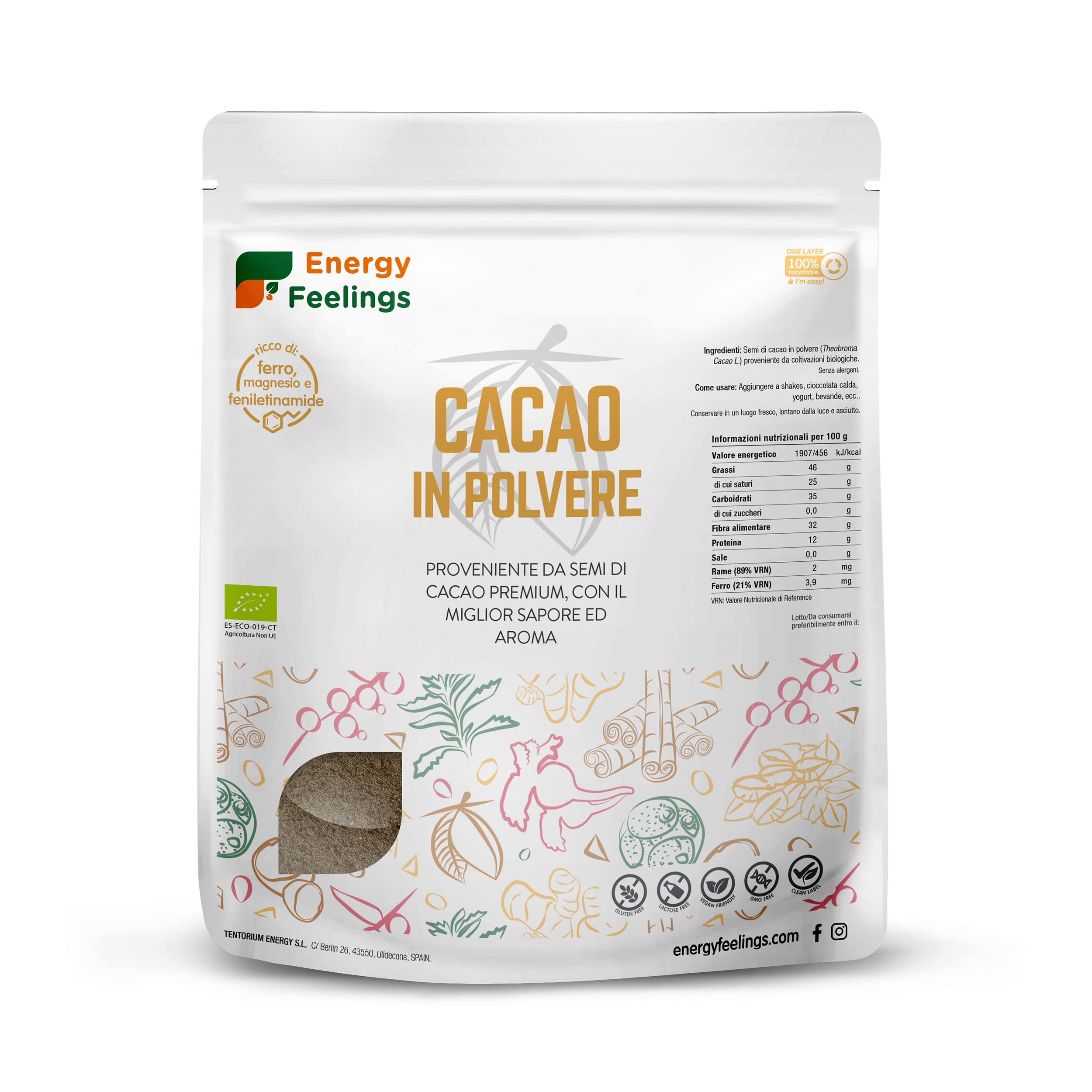 Energy Feelings Cacao Crudo BIO in Polvere 1 Kg, Cacao Sgrassato senza Zucchero, Glutine nè Lattosio, Vegano, Antiossidante