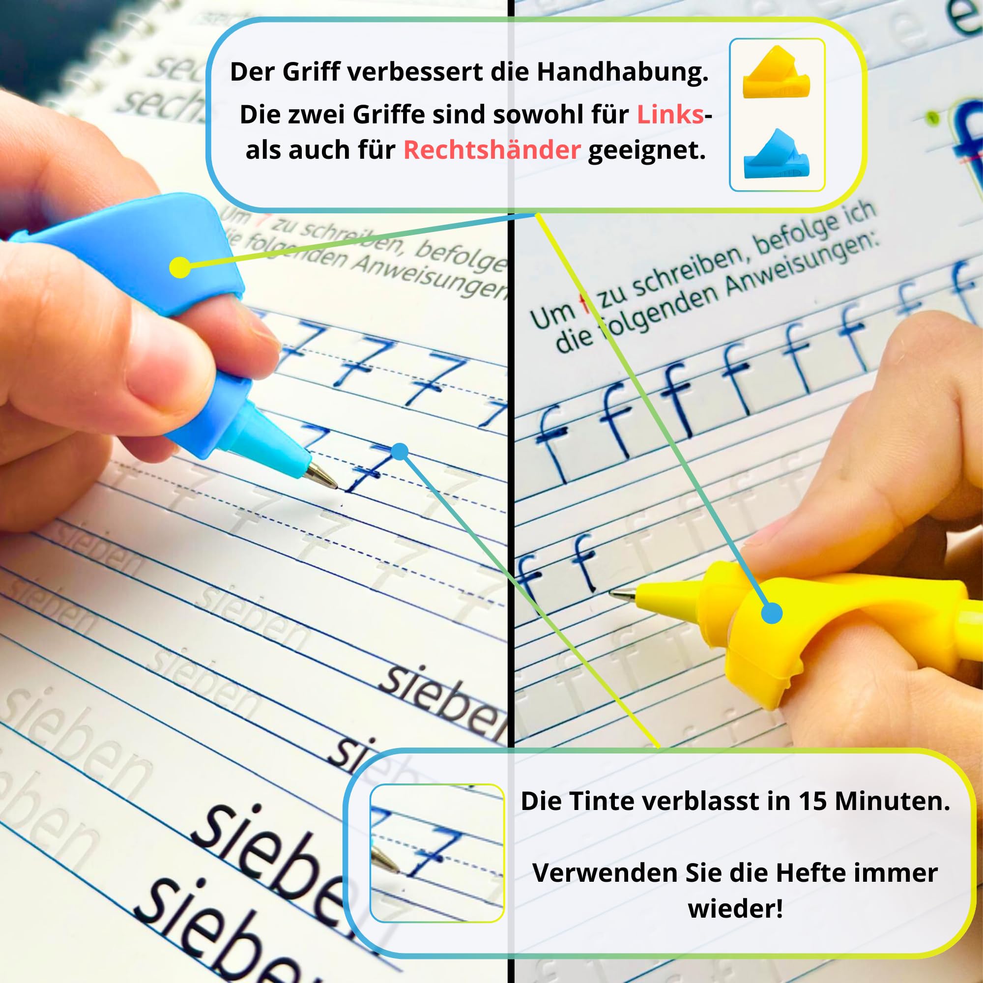 Magisches Heft von 4 bis 9 Jahren -4 Hefte- Wiederverwendbare Übungshefte für Kinder – Vorschule Übungshefte, Schreiben Lernen, Schreiblernheft für Jungen & Mädchen -2 Stifte,2 Griffe,10 Nachfüllungen