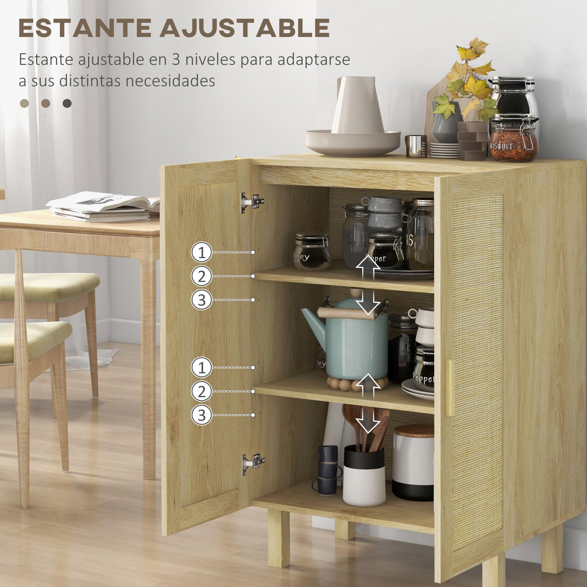 HOMCOM Aparador con 2 Puertas de Rejilla de Ratán 73x41x102 cm Natural | Aparador para Salón Nórdico, Estantes Ajustables, para Comedor, Entrada, Dormitorio