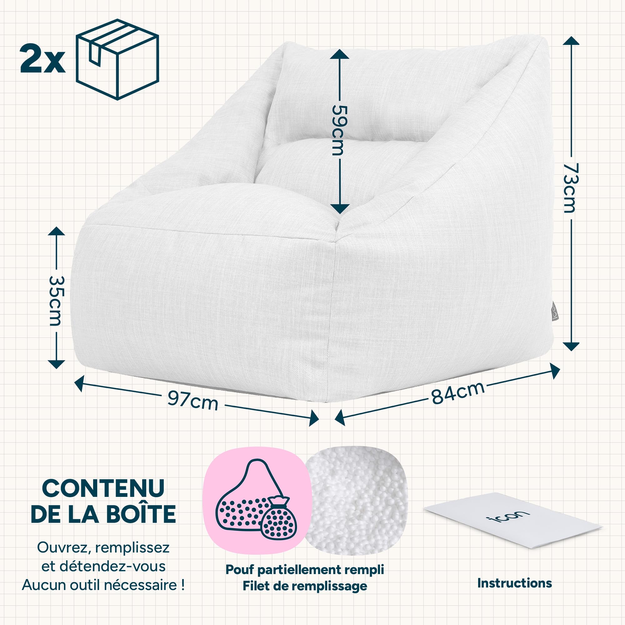 Icon Natalia Fauteuil Pouf, Gros Pouf avec Remplissage, Beige