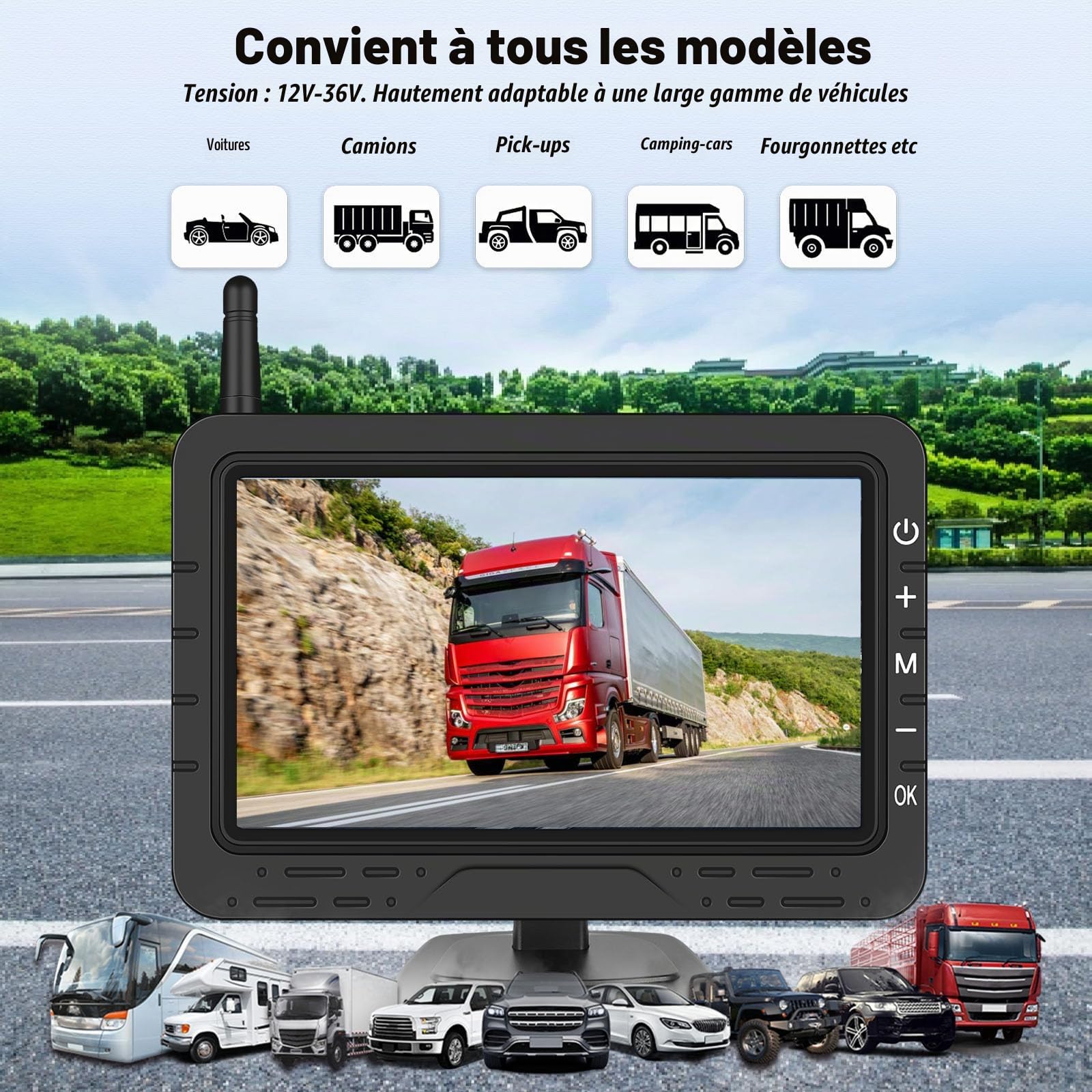 Camera de Recul sans Fil AHD avec 4.3 Pouces Signal Numérique IP68 Étanche Vision Nocturne Ventouse Grand Angle Peut Facilement Installer La Caméra De Plaque d'Immatriculation DC12V