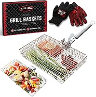 Blazin' Grill 2-Pack Stainless Steel Grill Baskets with Detachable Handles & Heat-Resistant BBQ Gloves - Perfect for Veggies, Seafood, Meat on Outdoor Grills & Camping