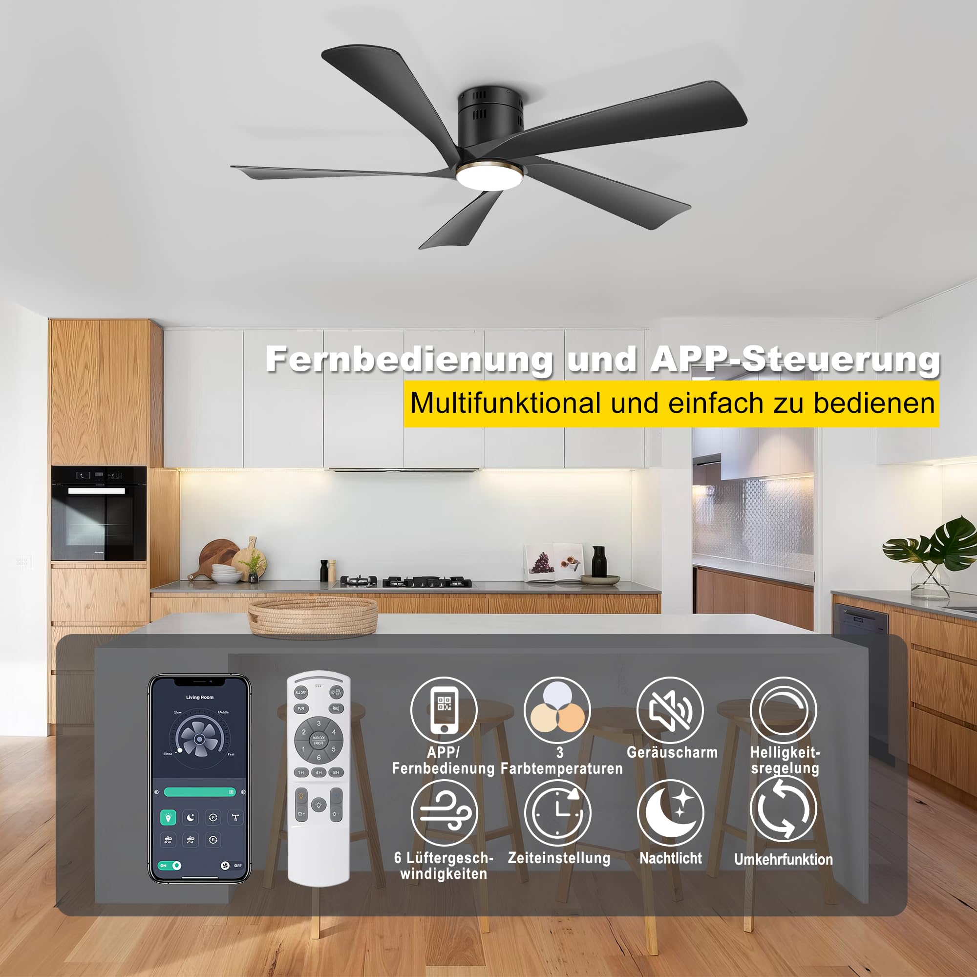 Ohniyou 132 cm Deckenventilator mit Beleuchtung, Fernbedienung, App-Steuerung, Dimmbar, Leiser DC-Motor, Schwarz