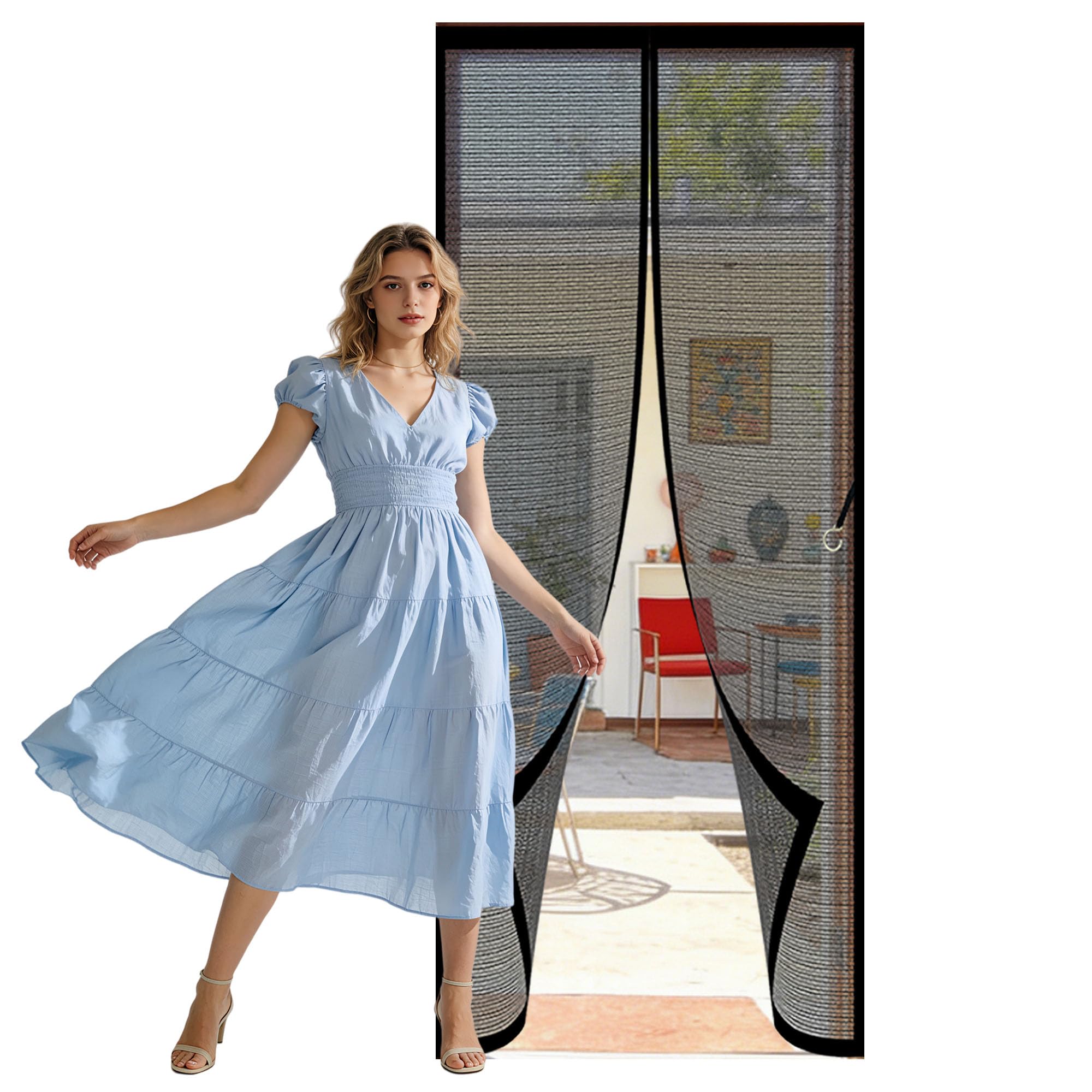 Fly Screen Door 107 x 215 cm Automatically Closes Magnetic Fly Screen Curtain with Powerful Magnets Full Frame Magic Tape for Living Room, Bedroom, Patio, Black
