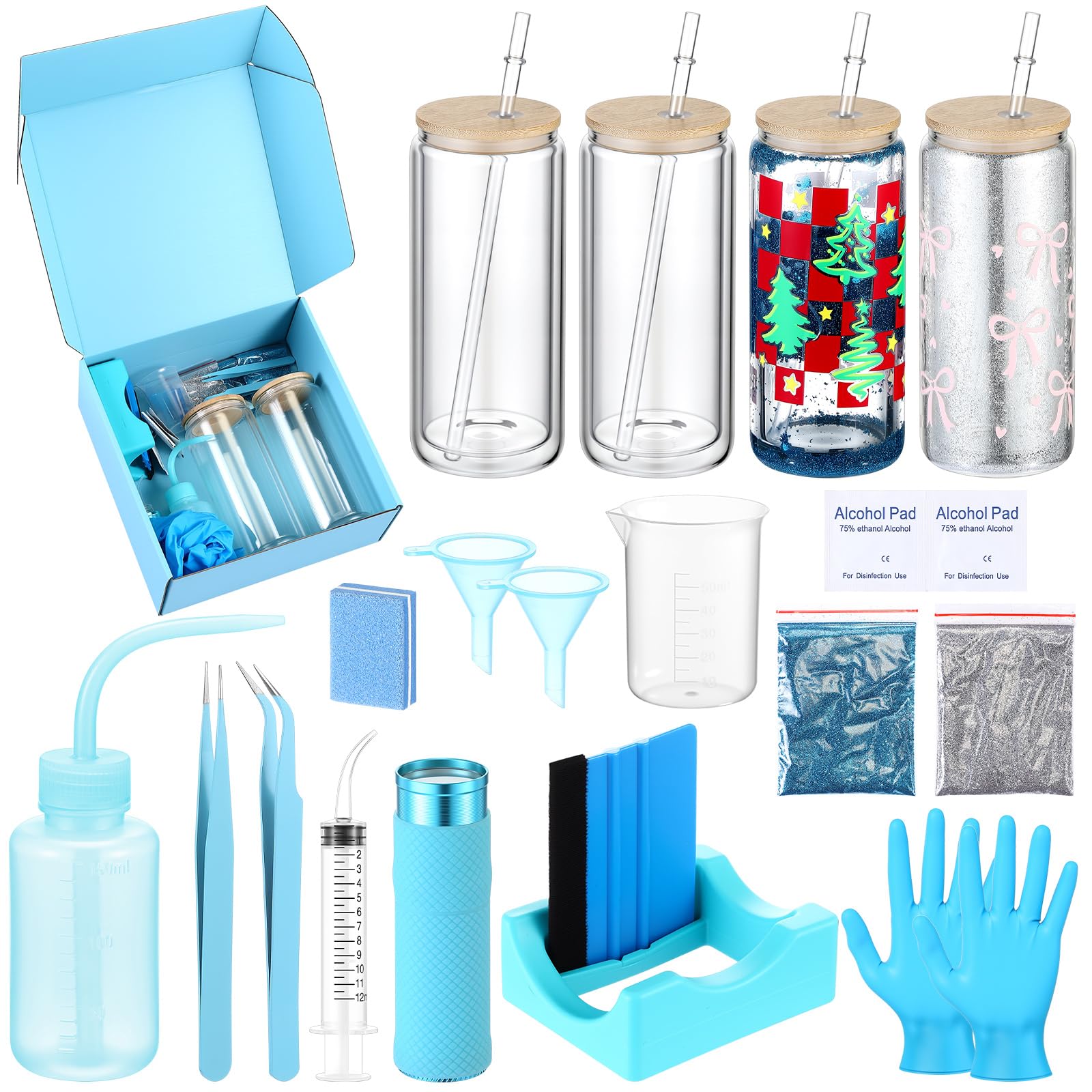 Baderke 20 Pcs Snow Globe Tumbler DIY Kit 16 oz Tumbler Squeeze Bottle, Glitter, Funnel Tweezer Silicone Cup Cradle Measuring Cup Gloves Alcohol Pad Flashlight Buffer for DIY Making Supply(Blue)-image-47
