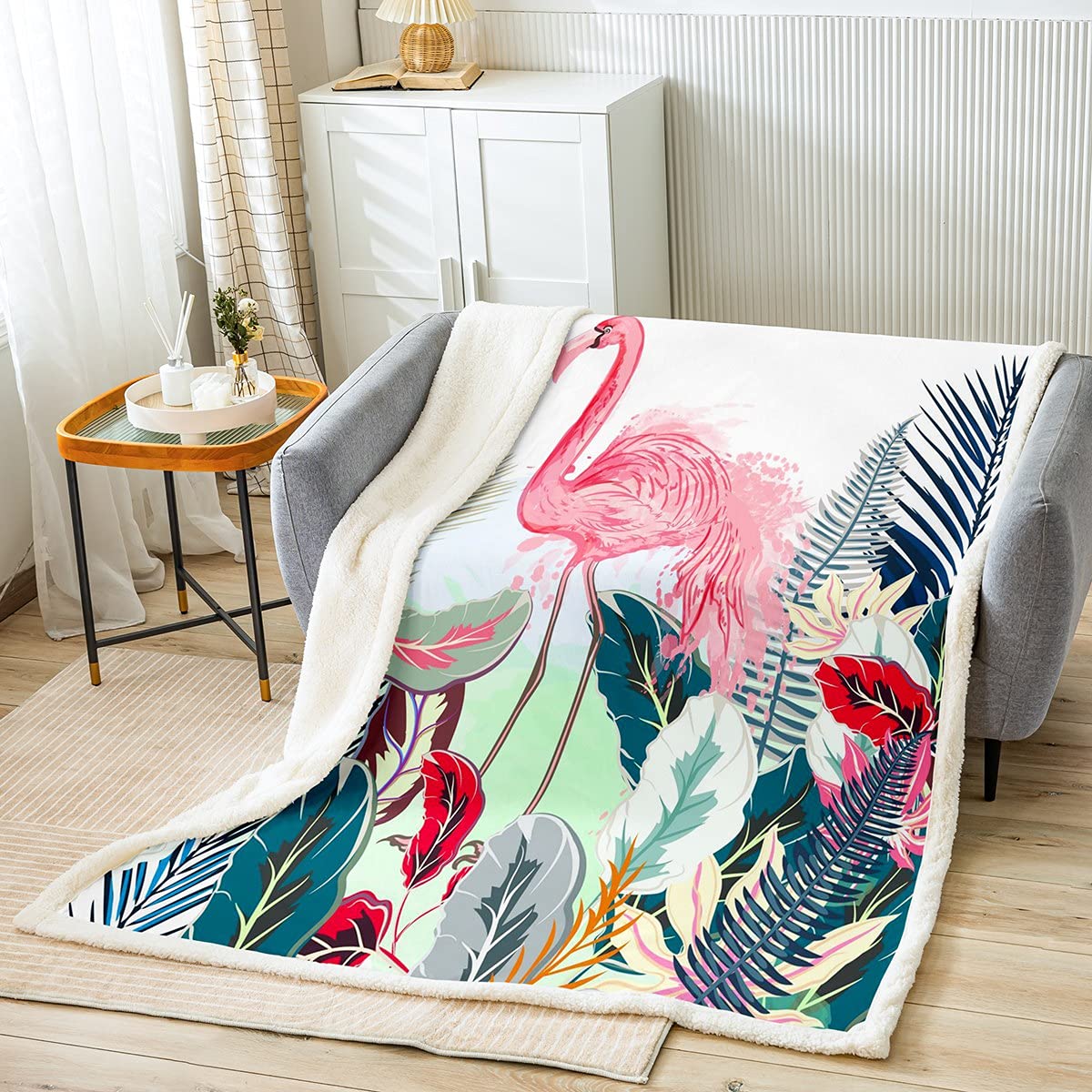 Plaid de canapé en peluche feuilles tropicales | Couverture Sherpa cocooning d'hiver