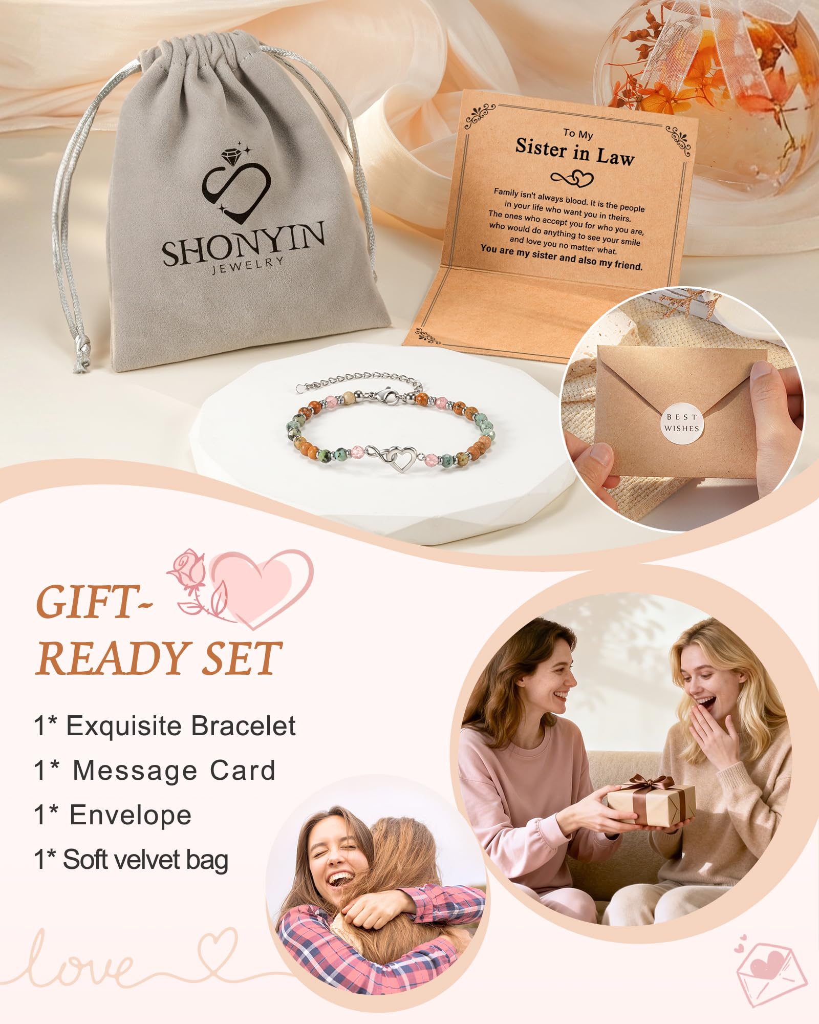 Shonyin Everlasting Heart Bracelet for Women Mother Daughter Girlfriend Sister In Law Gifts with Meaningful Card Valentines Birthday Christmas