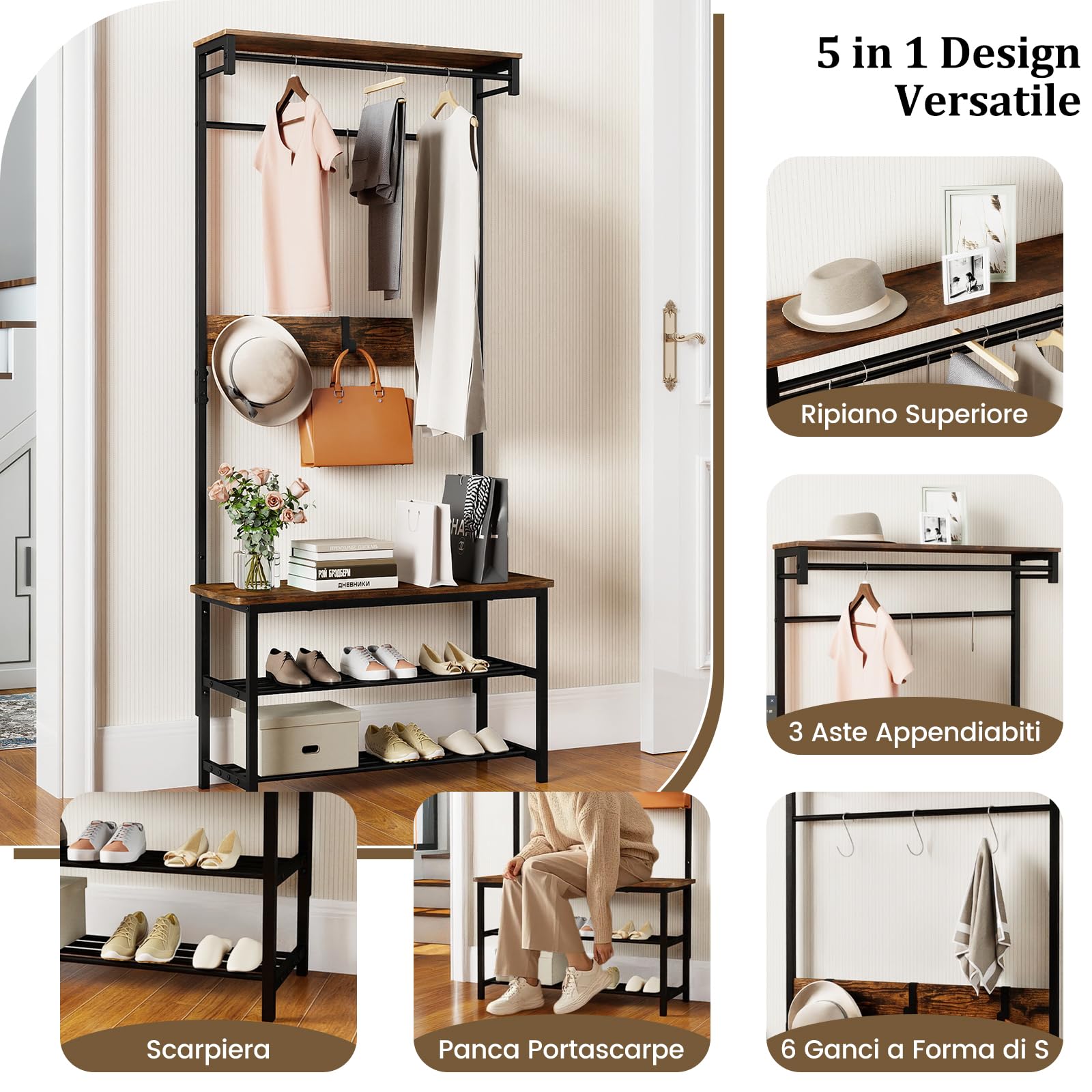RELAX4LIFE Appendiabiti Scarpiera Alta, Organizzatore con Panca per Scarpe, Mensola di Stoccaggio, Barre per Appendere e 6 Ganci Estraibili, Appendiabiti Industriale per Corridoio e Ingresso