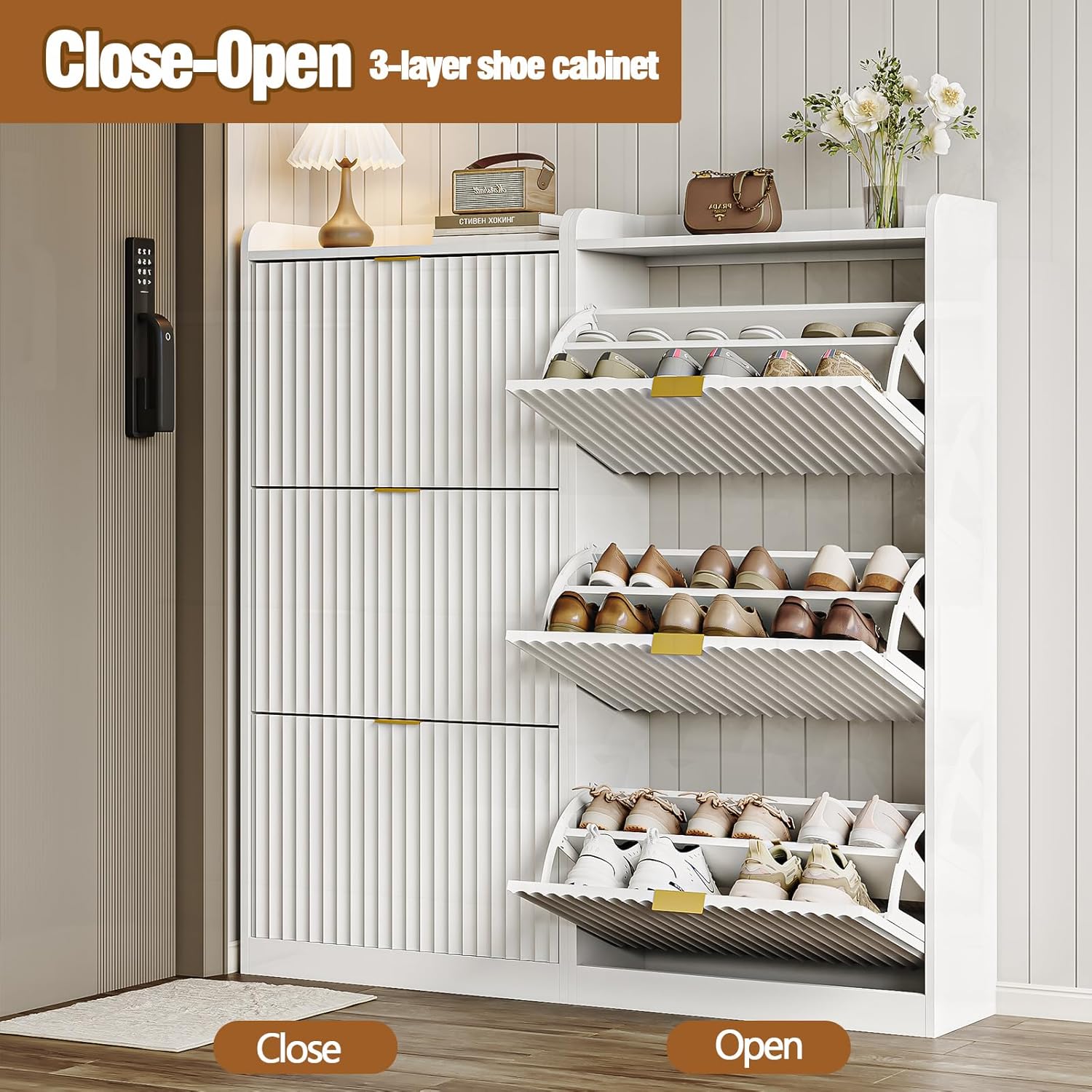 CHUWELL Fluted Shoe Cabinet Storage for Entryway,White Shoe Cabinet with 3 Flip Drawers,Wooden Slim Shoes Storage with Metal Handle for Hallway,Entrance,Hallway