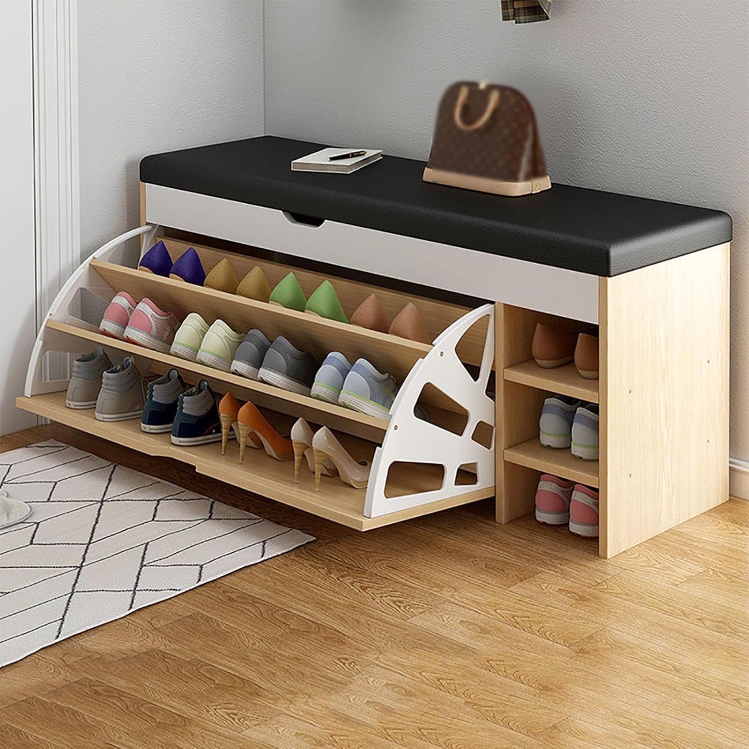 Shoe Storage Cabinet Cabinets Hallway Slim Cupboard Cupboards Hallways Slimline，Entryway Shoe Bench with Cushion, Freestanding Wood Storage Cabinet, Hidden Shoe with Flip Drawer for Hallway,