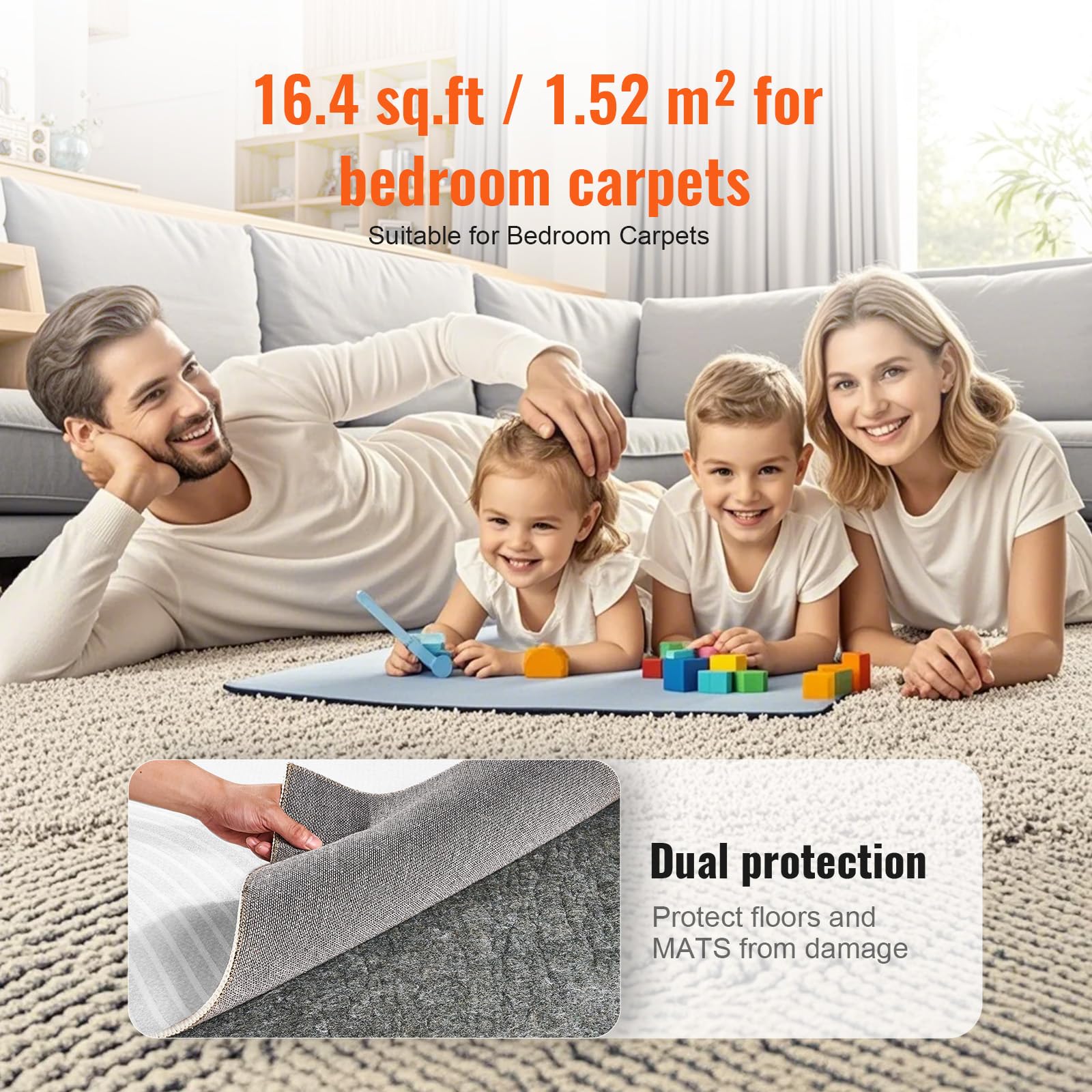 VEVOR sous-Tapis Antidérapant, Coussin de Protection de Tapis, 244x306 cm, Épaisseur 6 mm, Double Surface, Feutre Polyester + Latex, Gris, Zone de Couverture de 7-8 ㎡, Coussin de Tapis pour Tous Sols