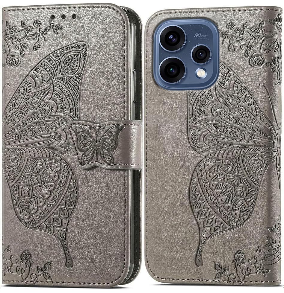 Image of ClickCase Butterfly Series for Oppo Reno 15 5G Leather Embossing Wallet Flip Case Kick Stand Magnetic Closure Flip Cover for Oppo Reno 15 5G (Grey)