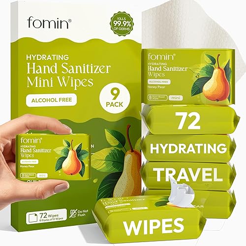 Fomin Mini Hand Sanitizer Wipes 9 Pack (8 Count) - Honey Pear Mini Wet Wipe - pH Balanced, Biodegradable, Antibacterial On The Go Hand Sanitizing Wipes - Hypoallergenic, Plant-Based Travel Wipe